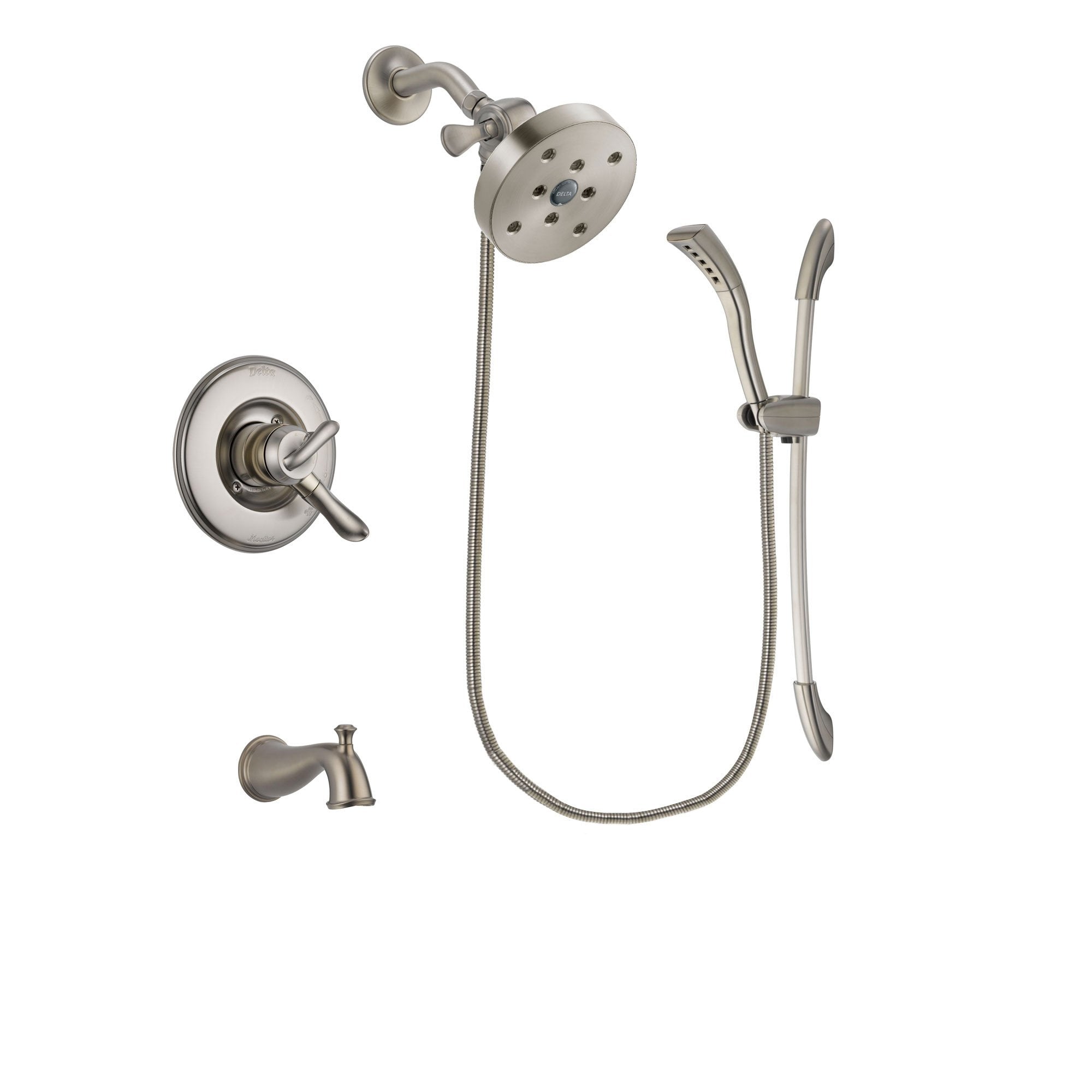 Delta Linden Stainless Steel Finish Dual Control Tub and Shower Faucet System Package with 5-1/2 inch Shower Head and Handshower with Slide Bar Includes Rough-in Valve and Tub Spout DSP1509V