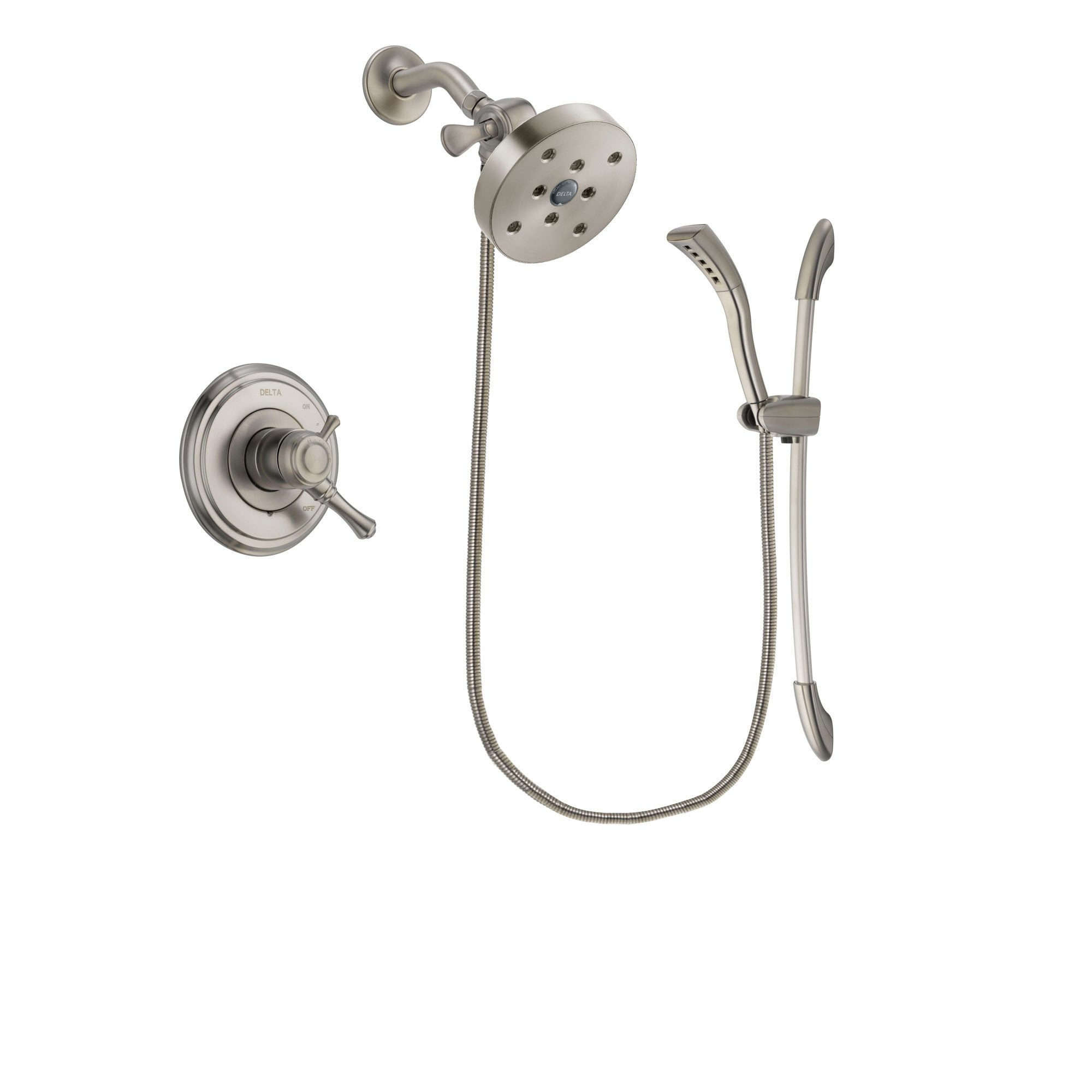 Delta Cassidy Stainless Steel Finish Dual Control Shower Faucet System Package with 5-1/2 inch Shower Head and Handshower with Slide Bar Includes Rough-in Valve DSP1512V