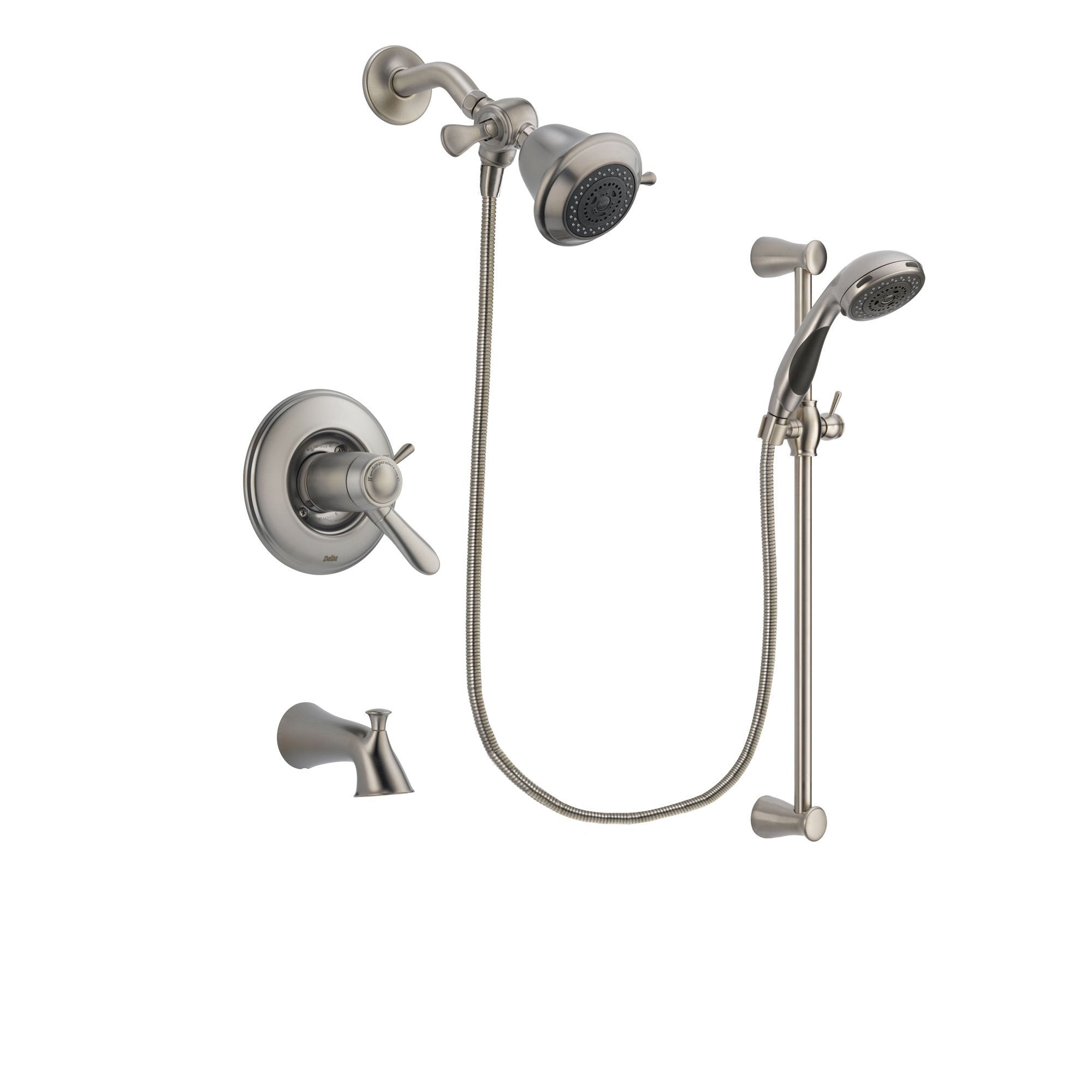 Delta Lahara Stainless Steel Finish Thermostatic Tub and Shower Faucet System Package with Shower Head and Handheld Shower Spray with Slide Bar Includes Rough-in Valve and Tub Spout DSP1513V