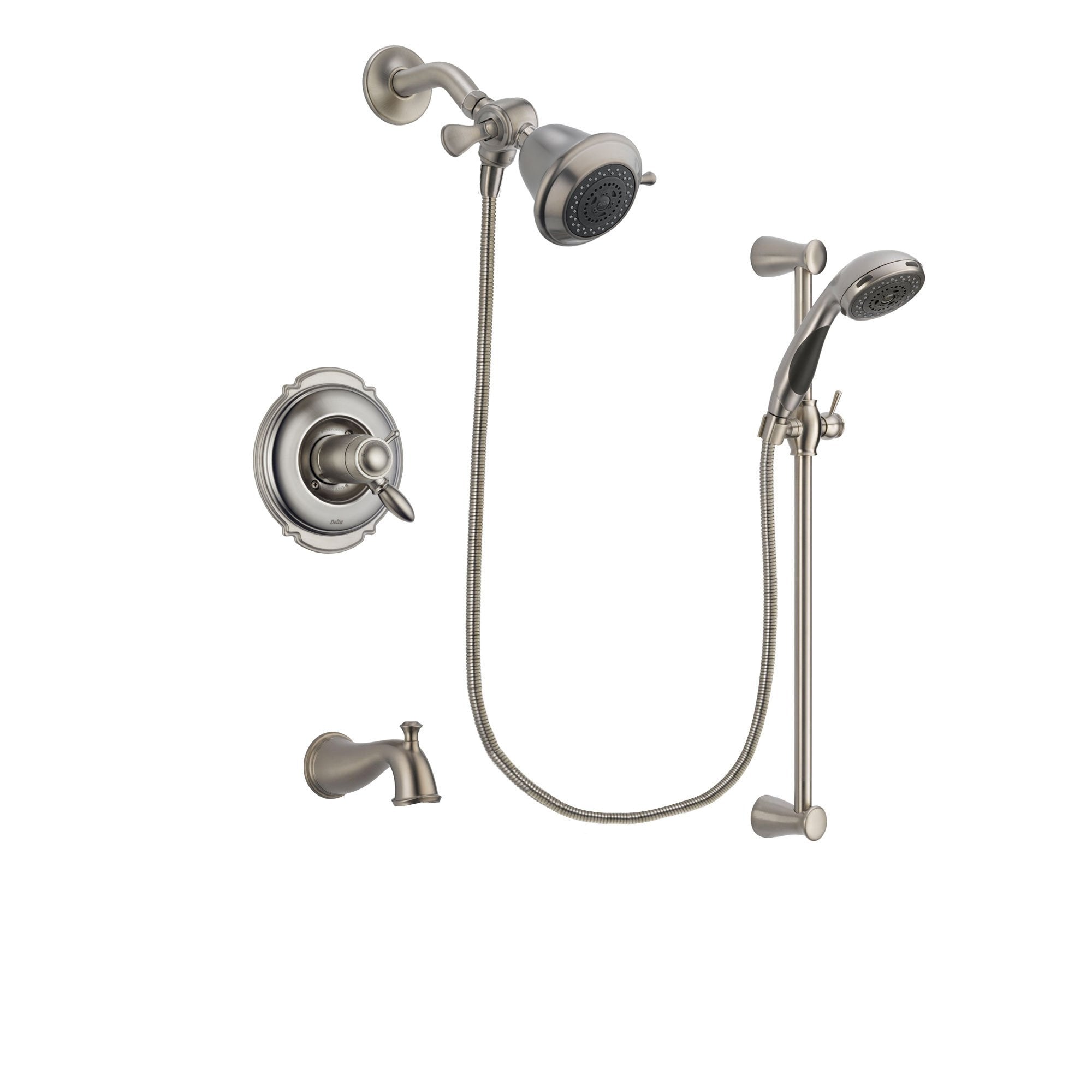 Delta Victorian Stainless Steel Finish Thermostatic Tub and Shower Faucet System Package with Shower Head and Handheld Shower Spray with Slide Bar Includes Rough-in Valve and Tub Spout DSP1515V