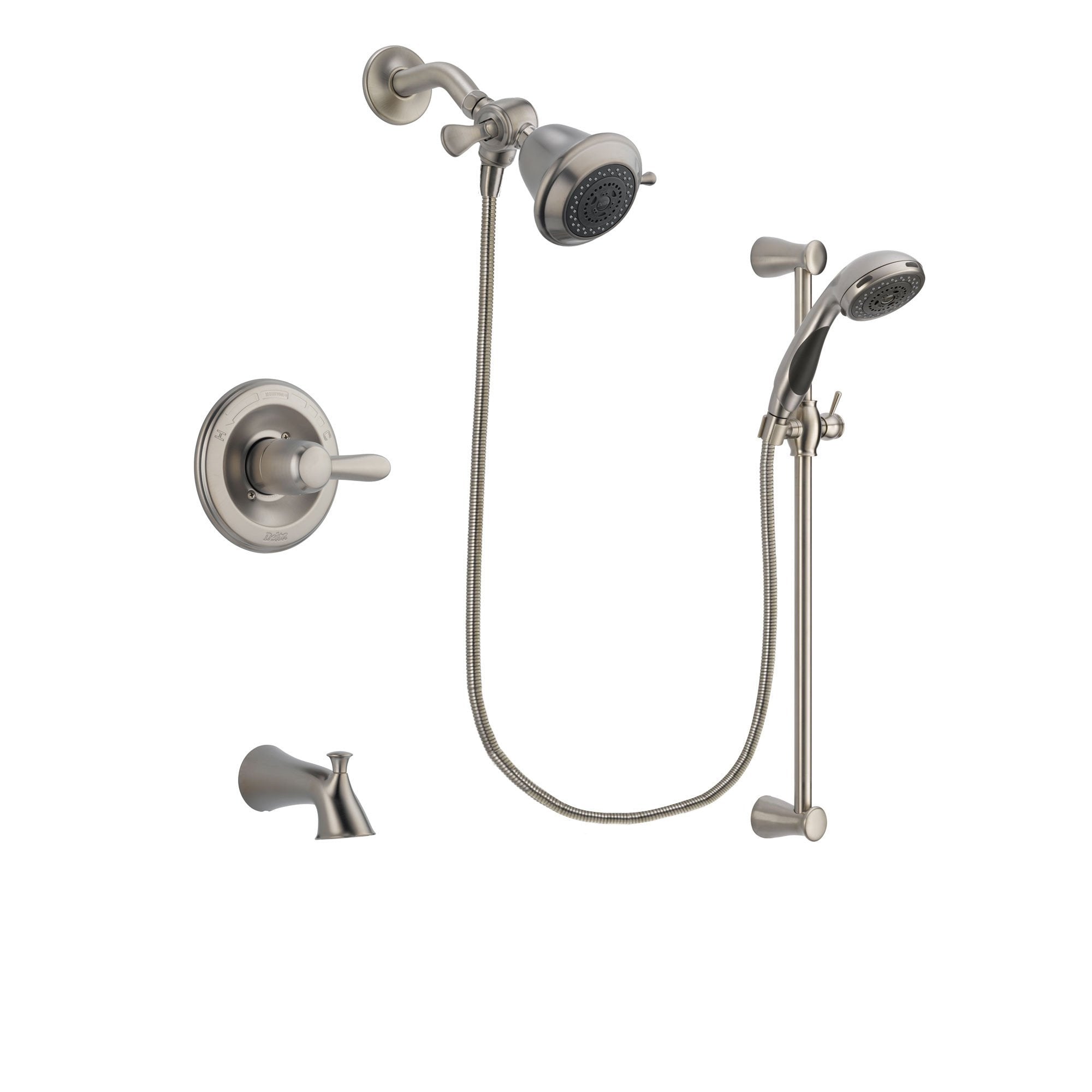 Delta Lahara Stainless Steel Finish Tub and Shower Faucet System Package with Shower Head and Handheld Shower Spray with Slide Bar Includes Rough-in Valve and Tub Spout DSP1523V