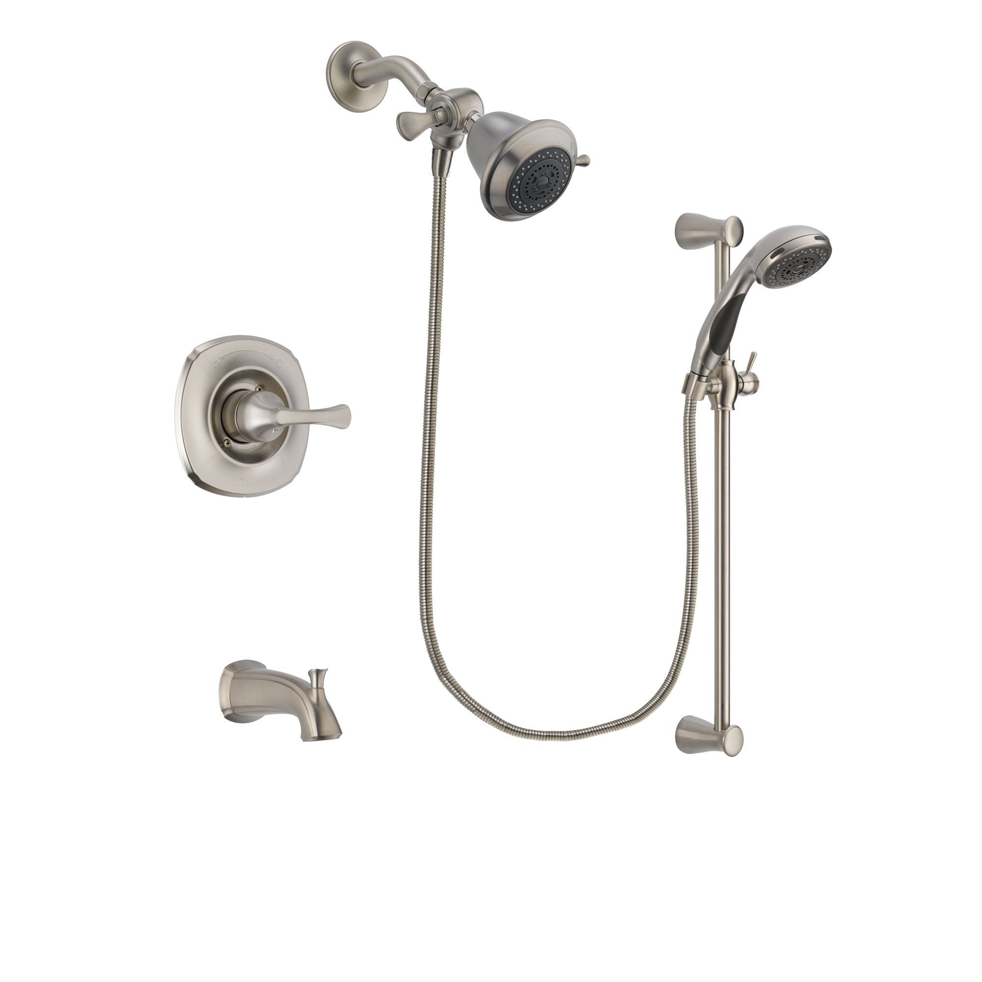 Delta Addison Stainless Steel Finish Tub and Shower Faucet System Package with Shower Head and Handheld Shower Spray with Slide Bar Includes Rough-in Valve and Tub Spout DSP1529V