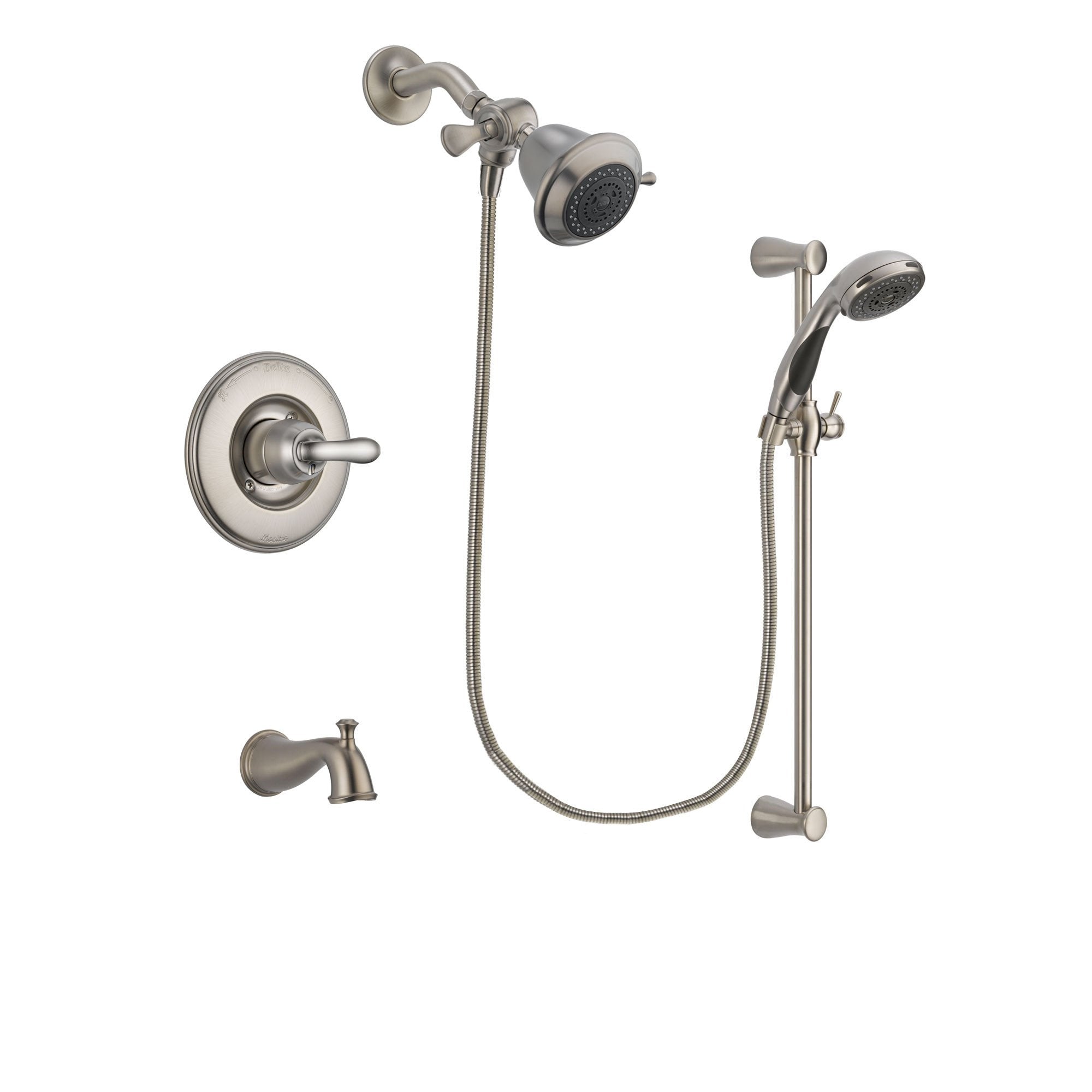 Delta Linden Stainless Steel Finish Tub and Shower Faucet System Package with Shower Head and Handheld Shower Spray with Slide Bar Includes Rough-in Valve and Tub Spout DSP1531V