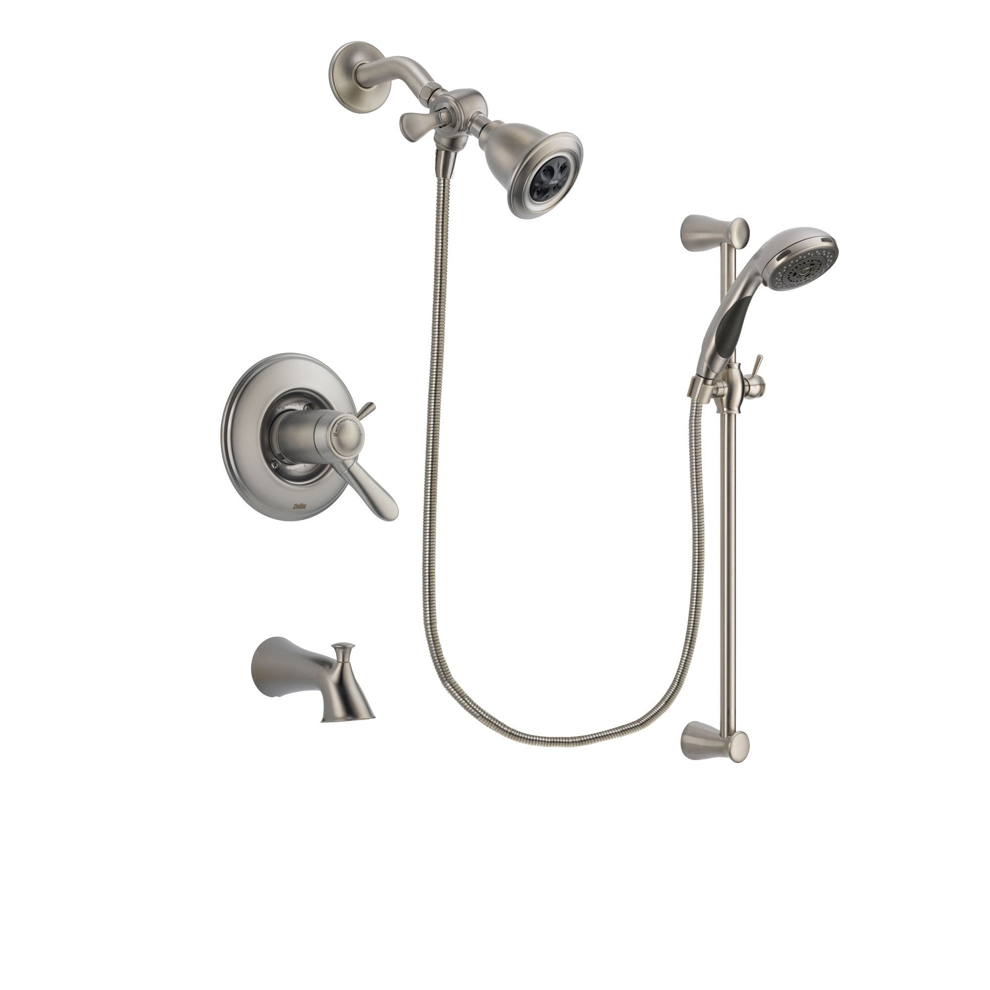 Delta Lahara Stainless Steel Finish Thermostatic Tub and Shower Faucet System Package with Water Efficient Showerhead and Handheld Shower Spray with Slide Bar Includes Rough-in Valve and Tub Spout DSP1547V