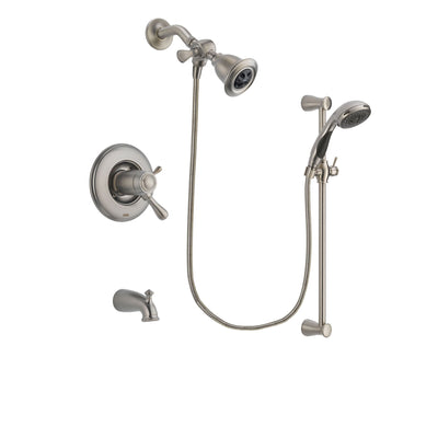Delta Leland Stainless Steel Finish Thermostatic Tub and Shower Faucet System Package with Water Efficient Showerhead and Handheld Shower Spray with Slide Bar Includes Rough-in Valve and Tub Spout DSP1551V