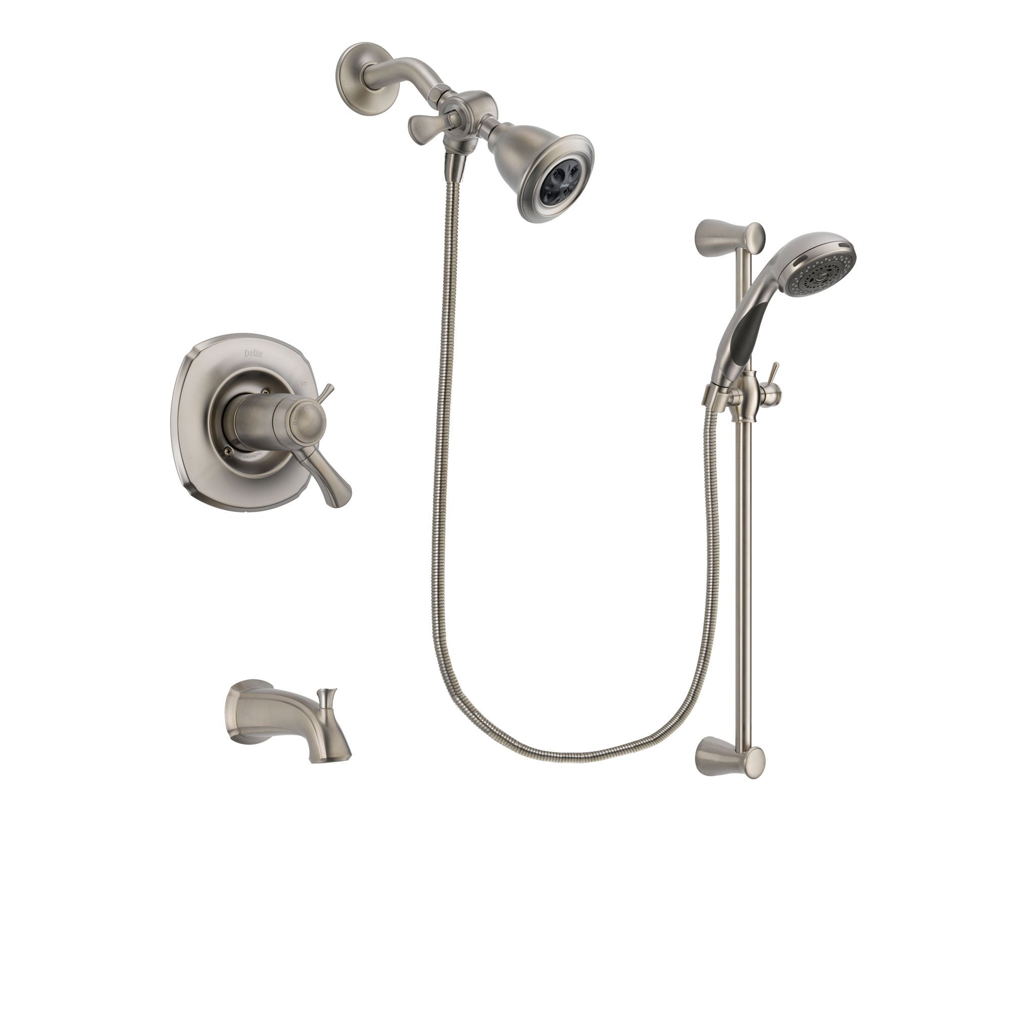 Delta Addison Stainless Steel Finish Thermostatic Tub and Shower Faucet System Package with Water Efficient Showerhead and Handheld Shower Spray with Slide Bar Includes Rough-in Valve and Tub Spout DSP1553V
