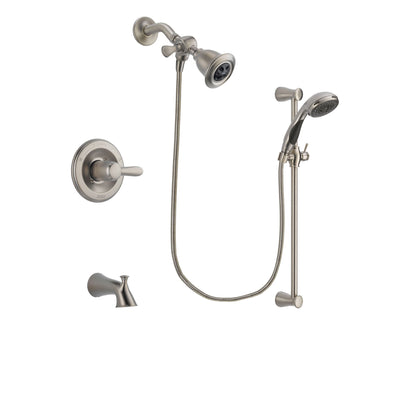 Delta Lahara Stainless Steel Finish Tub and Shower Faucet System Package with Water Efficient Showerhead and Handheld Shower Spray with Slide Bar Includes Rough-in Valve and Tub Spout DSP1557V