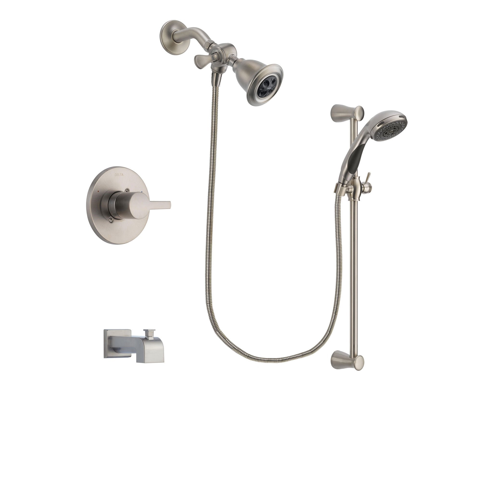 Delta Compel Stainless Steel Finish Tub and Shower Faucet System Package with Water Efficient Showerhead and Handheld Shower Spray with Slide Bar Includes Rough-in Valve and Tub Spout DSP1561V