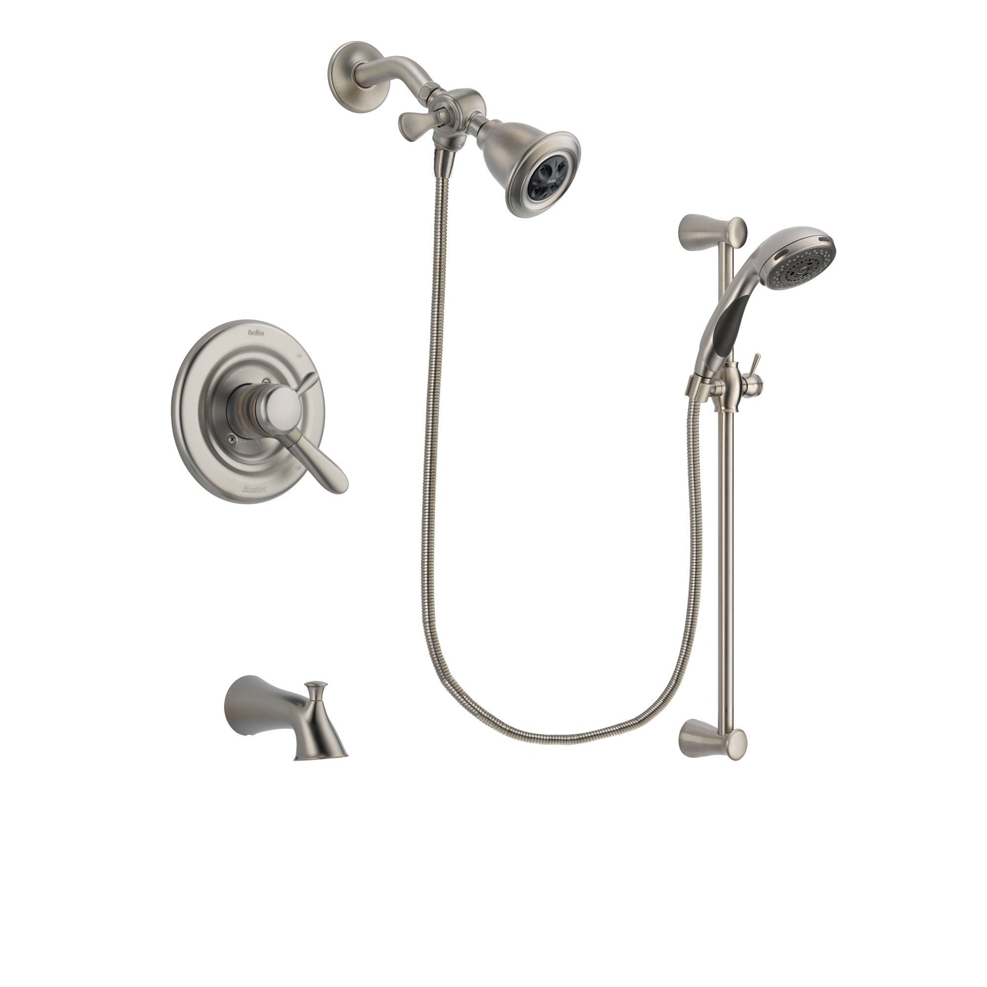 Delta Lahara Stainless Steel Finish Dual Control Tub and Shower Faucet System Package with Water Efficient Showerhead and Handheld Shower Spray with Slide Bar Includes Rough-in Valve and Tub Spout DSP1567V