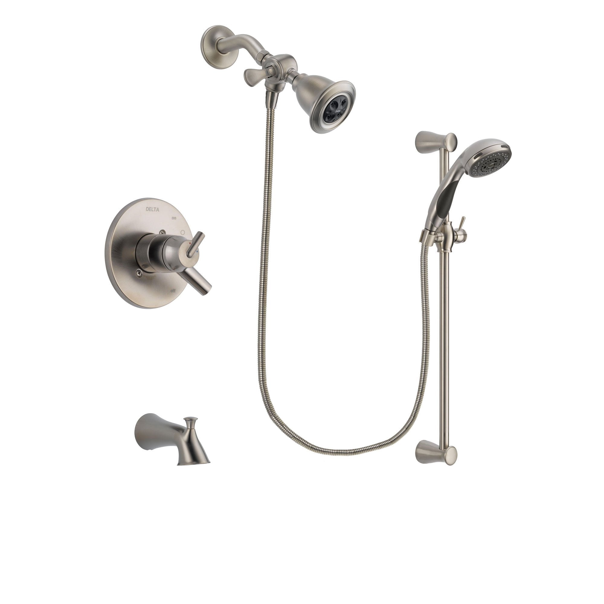 Delta Trinsic Stainless Steel Finish Dual Control Tub and Shower Faucet System Package with Water Efficient Showerhead and Handheld Shower Spray with Slide Bar Includes Rough-in Valve and Tub Spout DSP1569V