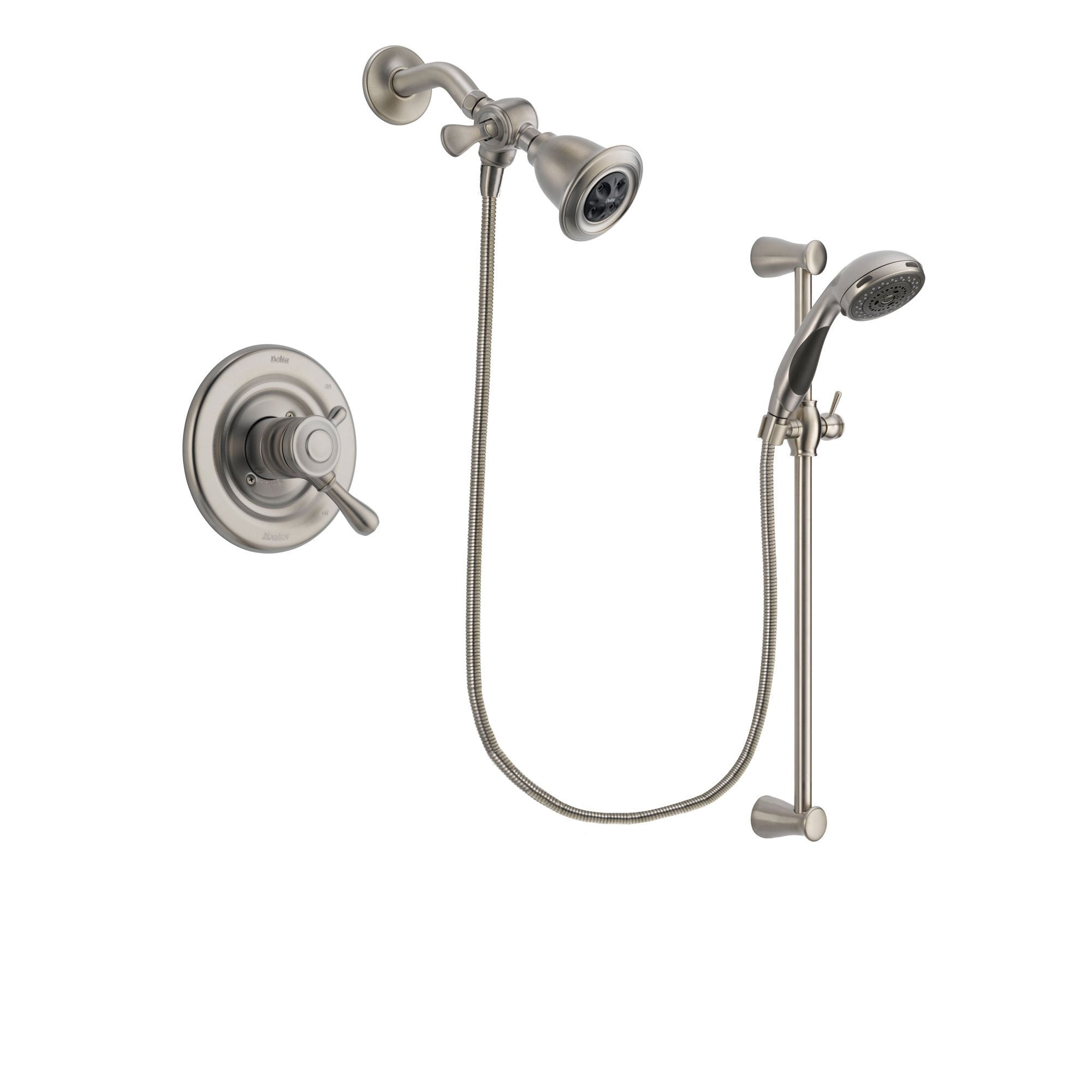 Delta Leland Stainless Steel Finish Dual Control Shower Faucet System Package with Water Efficient Showerhead and Handheld Shower Spray with Slide Bar Includes Rough-in Valve DSP1574V