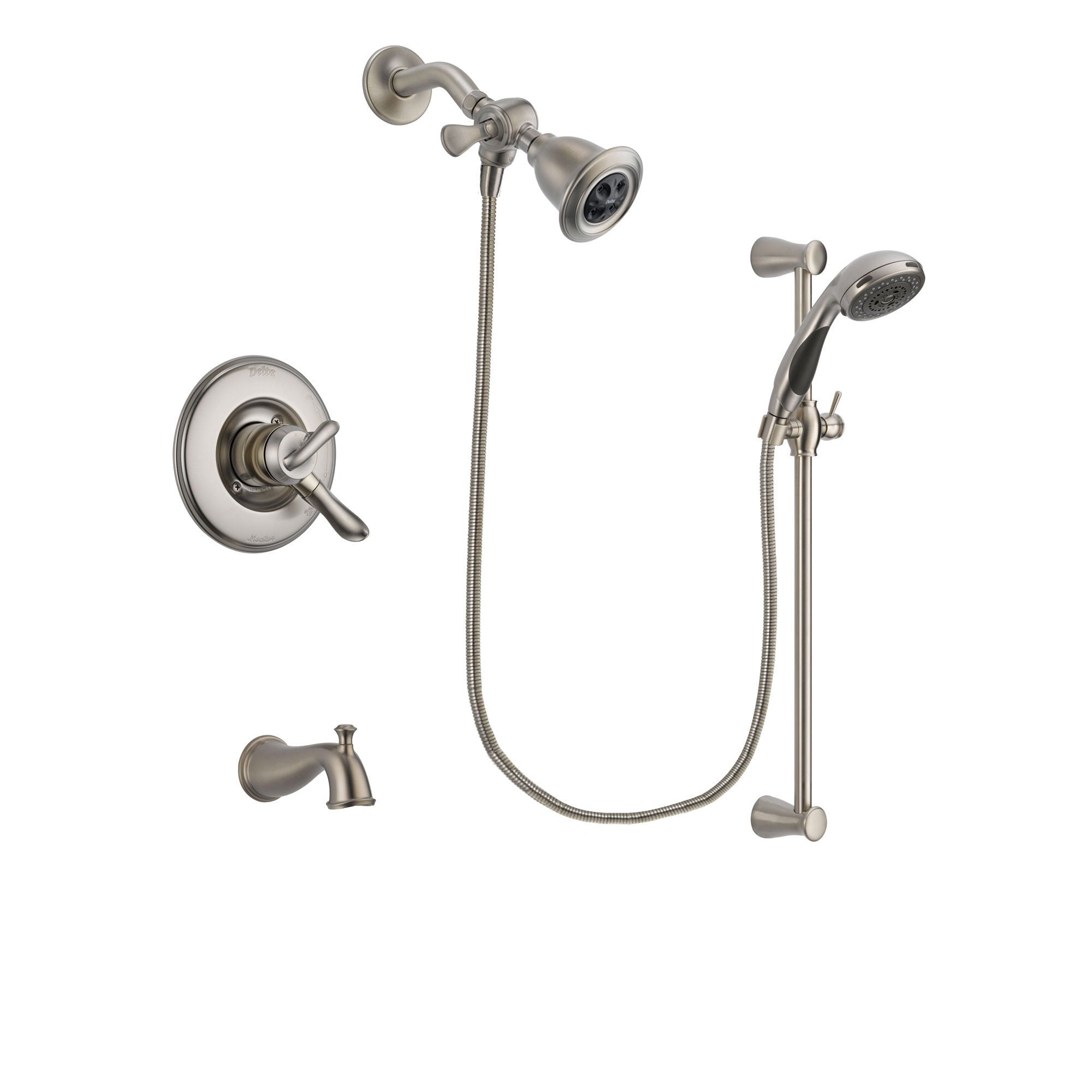 Delta Linden Stainless Steel Finish Dual Control Tub and Shower Faucet System Package with Water Efficient Showerhead and Handheld Shower Spray with Slide Bar Includes Rough-in Valve and Tub Spout DSP1577V