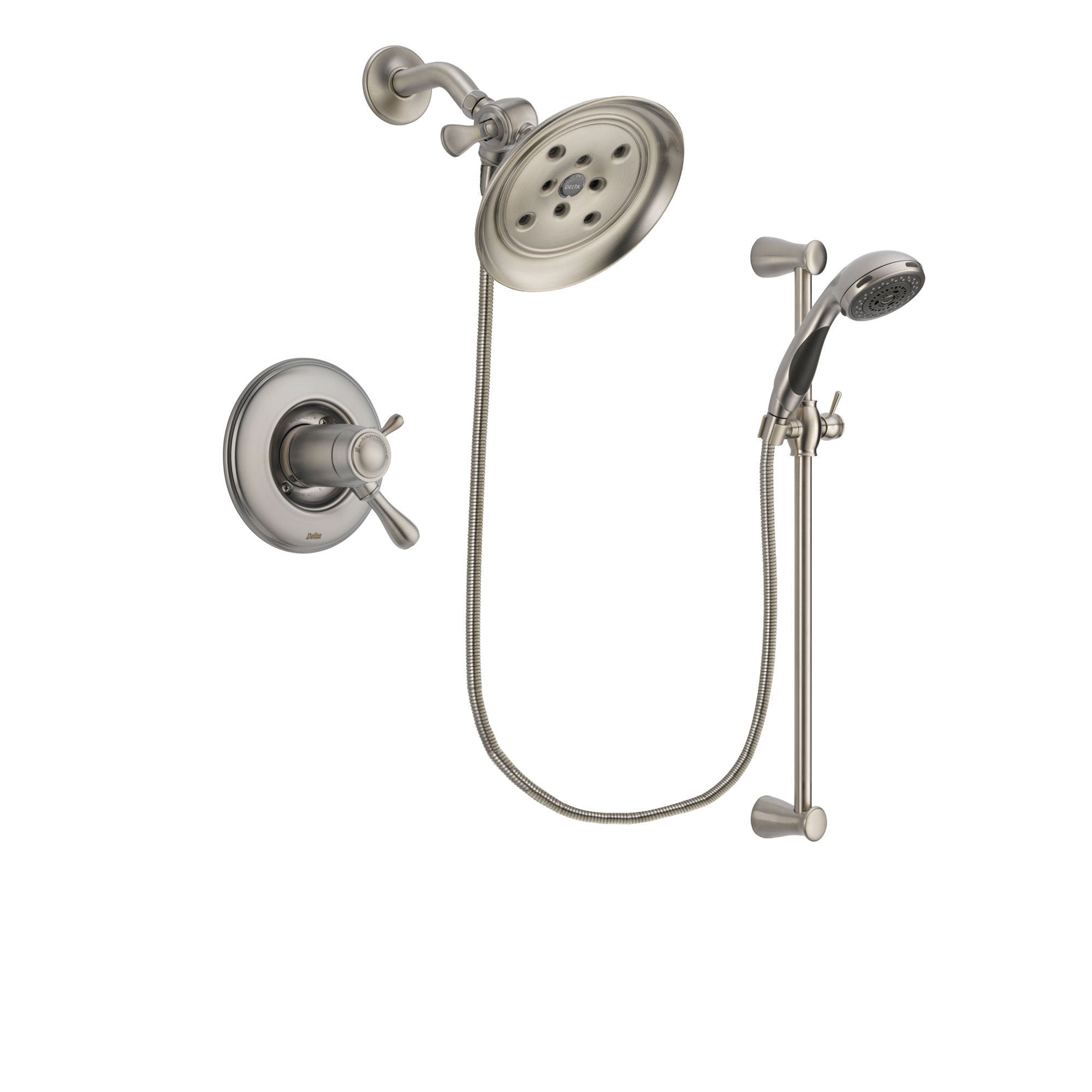 Delta Leland Stainless Steel Finish Thermostatic Shower Faucet System Package with Large Rain Showerhead and Handheld Shower Spray with Slide Bar Includes Rough-in Valve DSP1586V