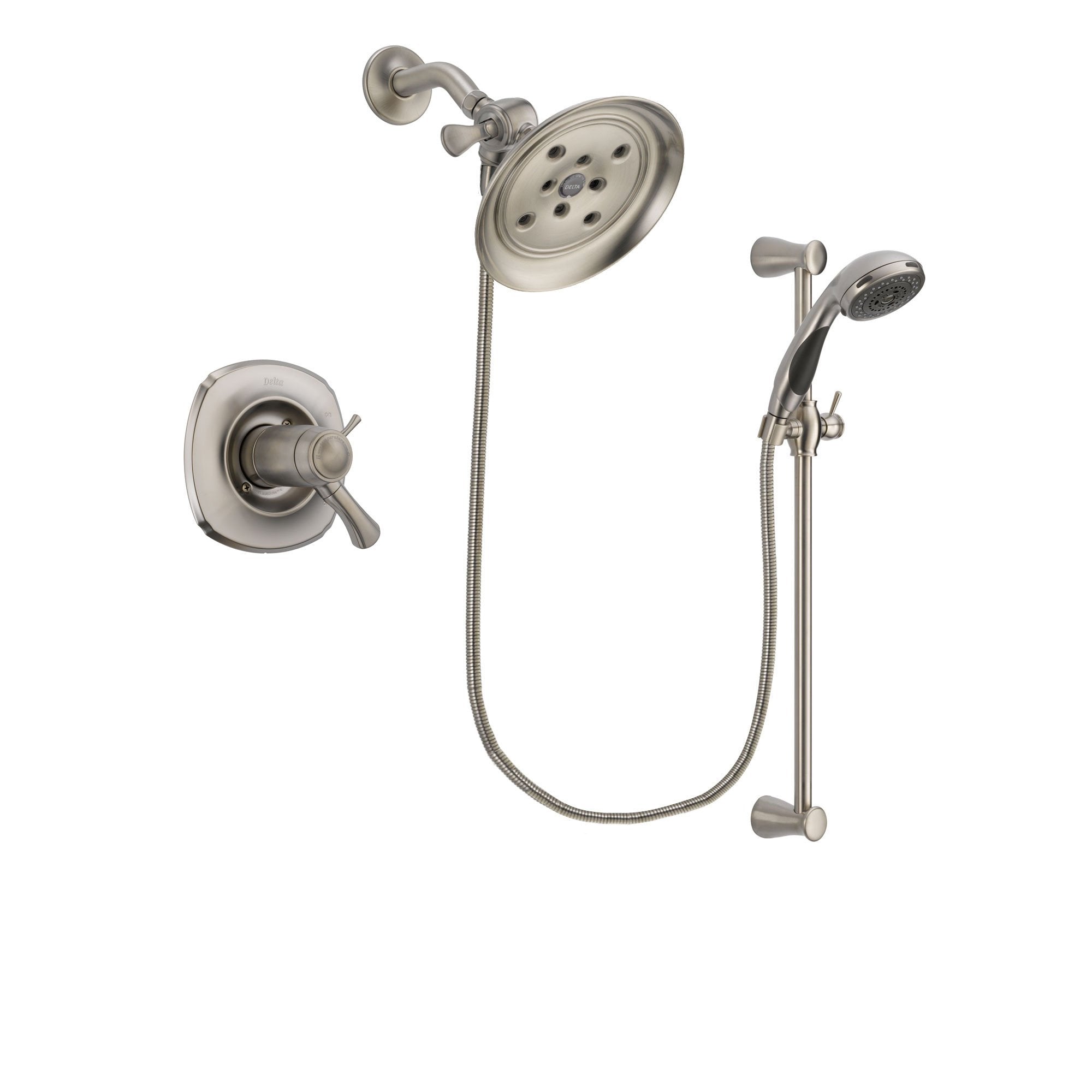 Delta Addison Stainless Steel Finish Thermostatic Shower Faucet System Package with Large Rain Showerhead and Handheld Shower Spray with Slide Bar Includes Rough-in Valve DSP1588V