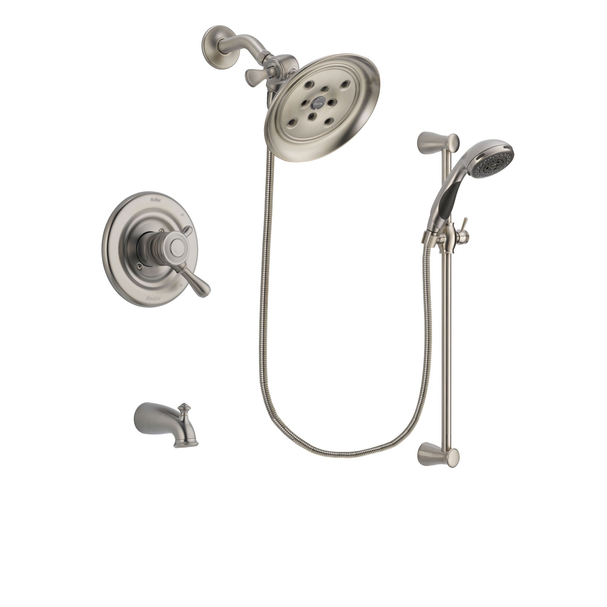 Delta Leland Stainless Steel Finish Dual Control Tub and Shower Faucet System Package with Large Rain Showerhead and Handheld Shower Spray with Slide Bar Includes Rough-in Valve and Tub Spout DSP1607V