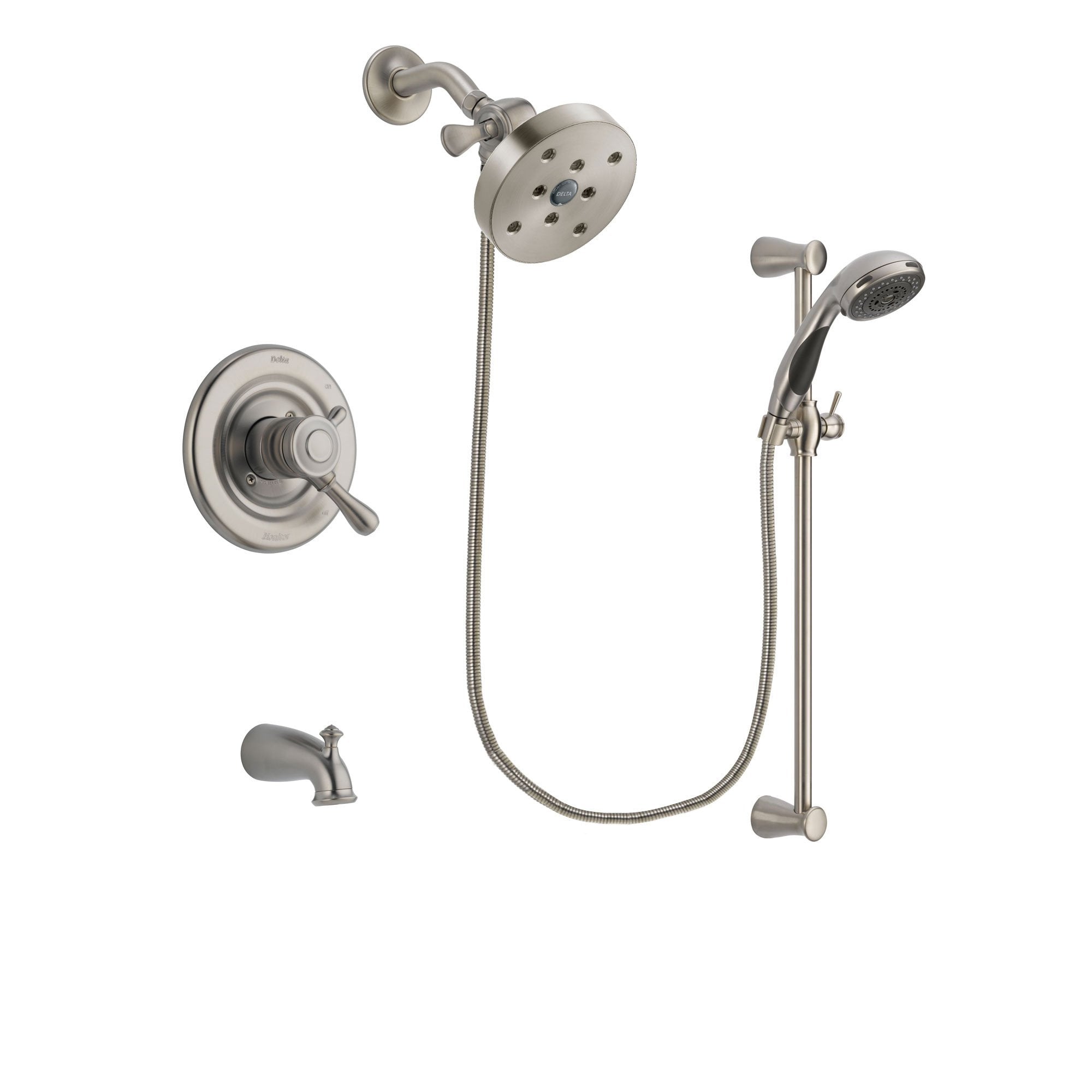 Delta Leland Stainless Steel Finish Dual Control Tub and Shower Faucet System Package with 5-1/2 inch Shower Head and Handheld Shower Spray with Slide Bar Includes Rough-in Valve and Tub Spout DSP1641V