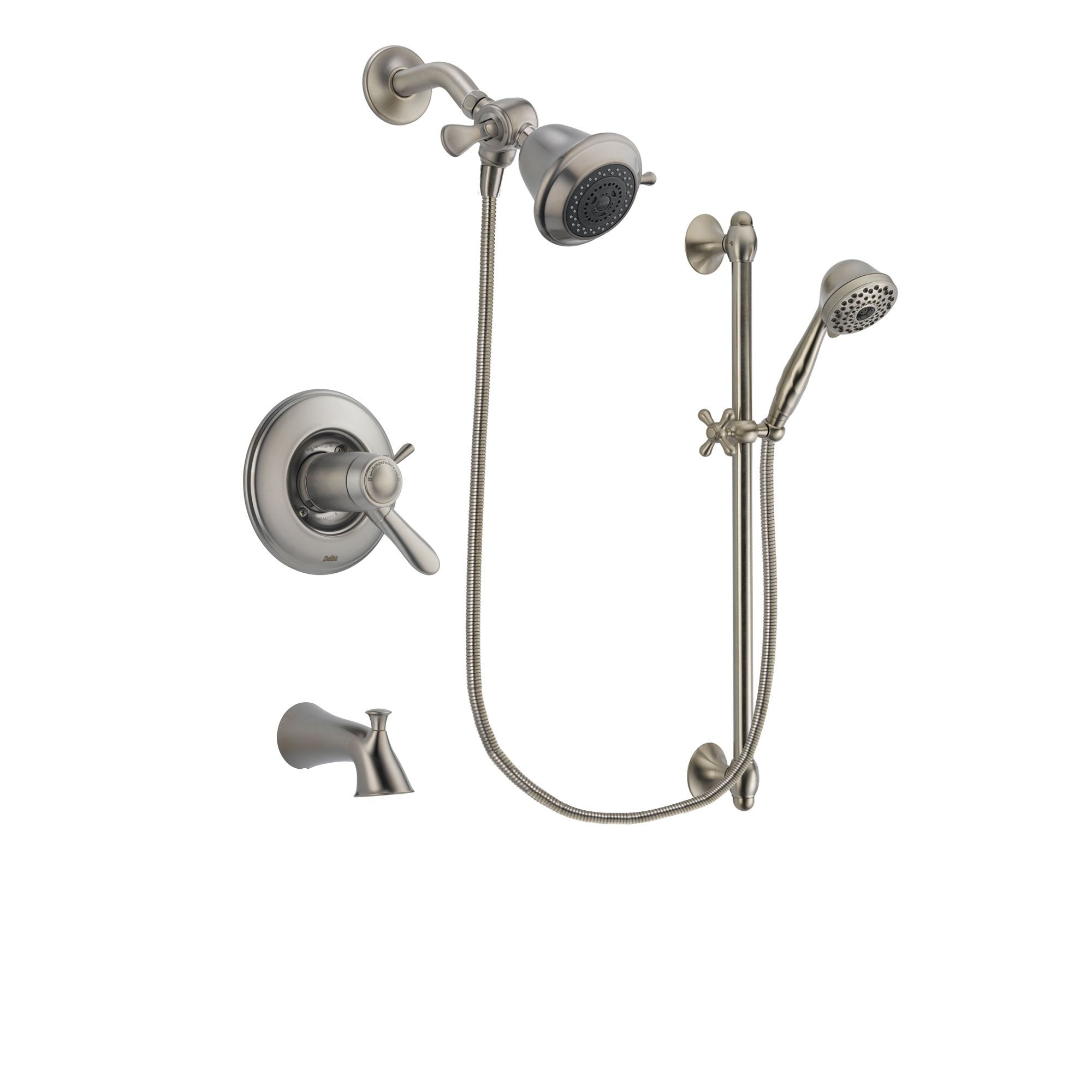Delta Lahara Stainless Steel Finish Thermostatic Tub and Shower Faucet System Package with Shower Head and 7-Spray Handheld Shower with Slide Bar Includes Rough-in Valve and Tub Spout DSP1649V