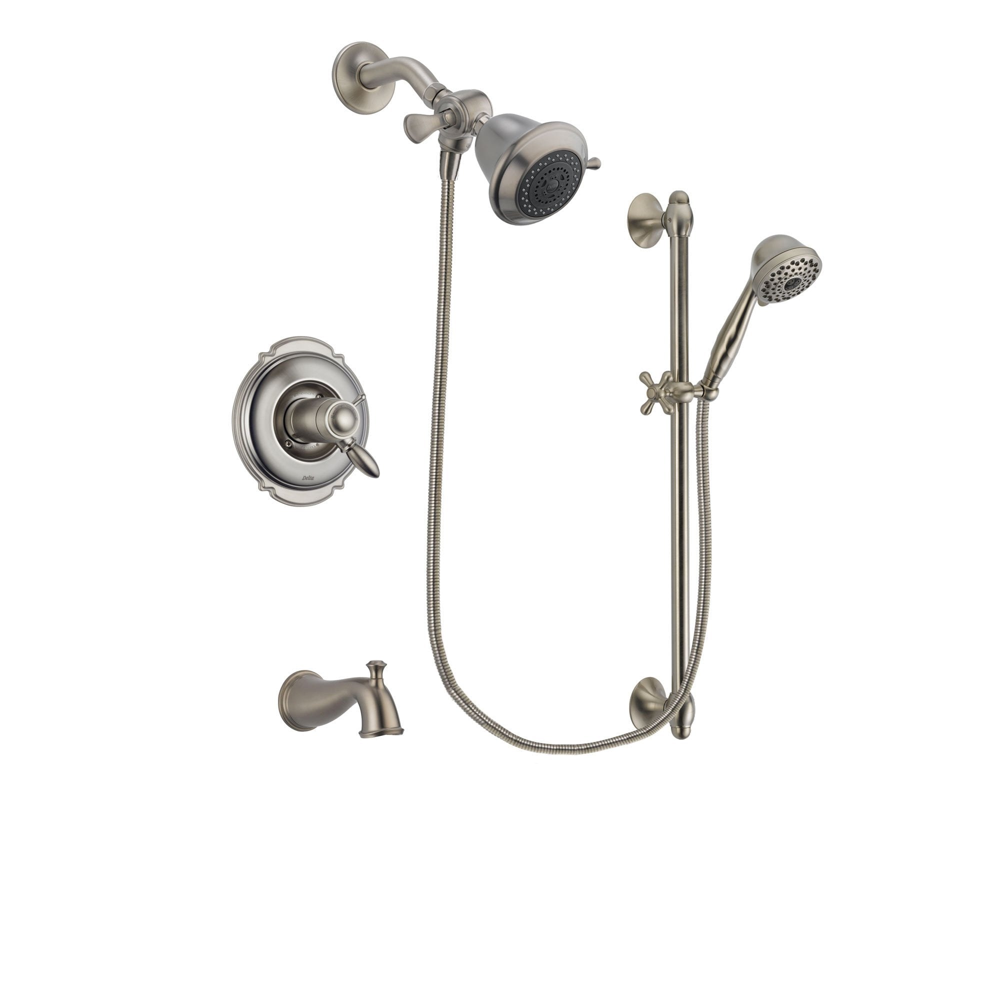 Delta Victorian Stainless Steel Finish Thermostatic Tub and Shower Faucet System Package with Shower Head and 7-Spray Handheld Shower with Slide Bar Includes Rough-in Valve and Tub Spout DSP1651V