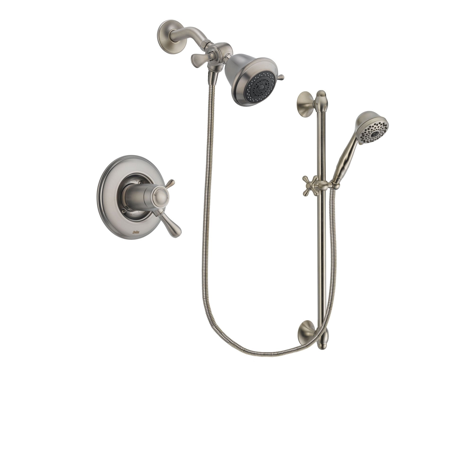 Delta Leland Stainless Steel Finish Thermostatic Shower Faucet System Package with Shower Head and 7-Spray Handheld Shower with Slide Bar Includes Rough-in Valve DSP1654V