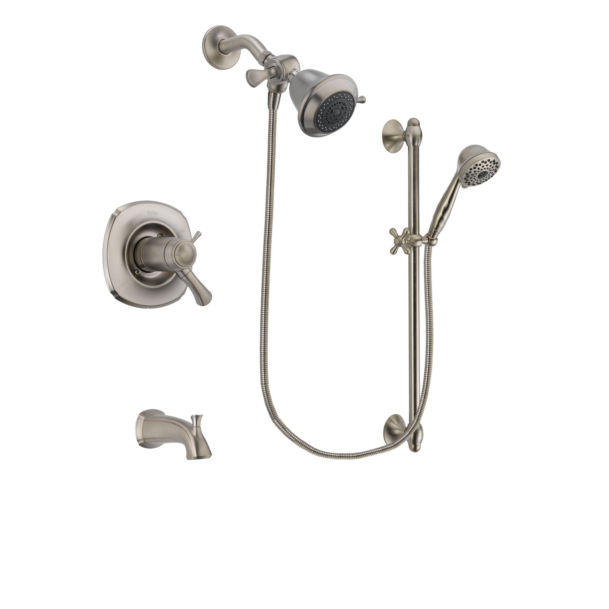 Delta Addison Stainless Steel Finish Thermostatic Tub and Shower Faucet System Package with Shower Head and 7-Spray Handheld Shower with Slide Bar Includes Rough-in Valve and Tub Spout DSP1655V