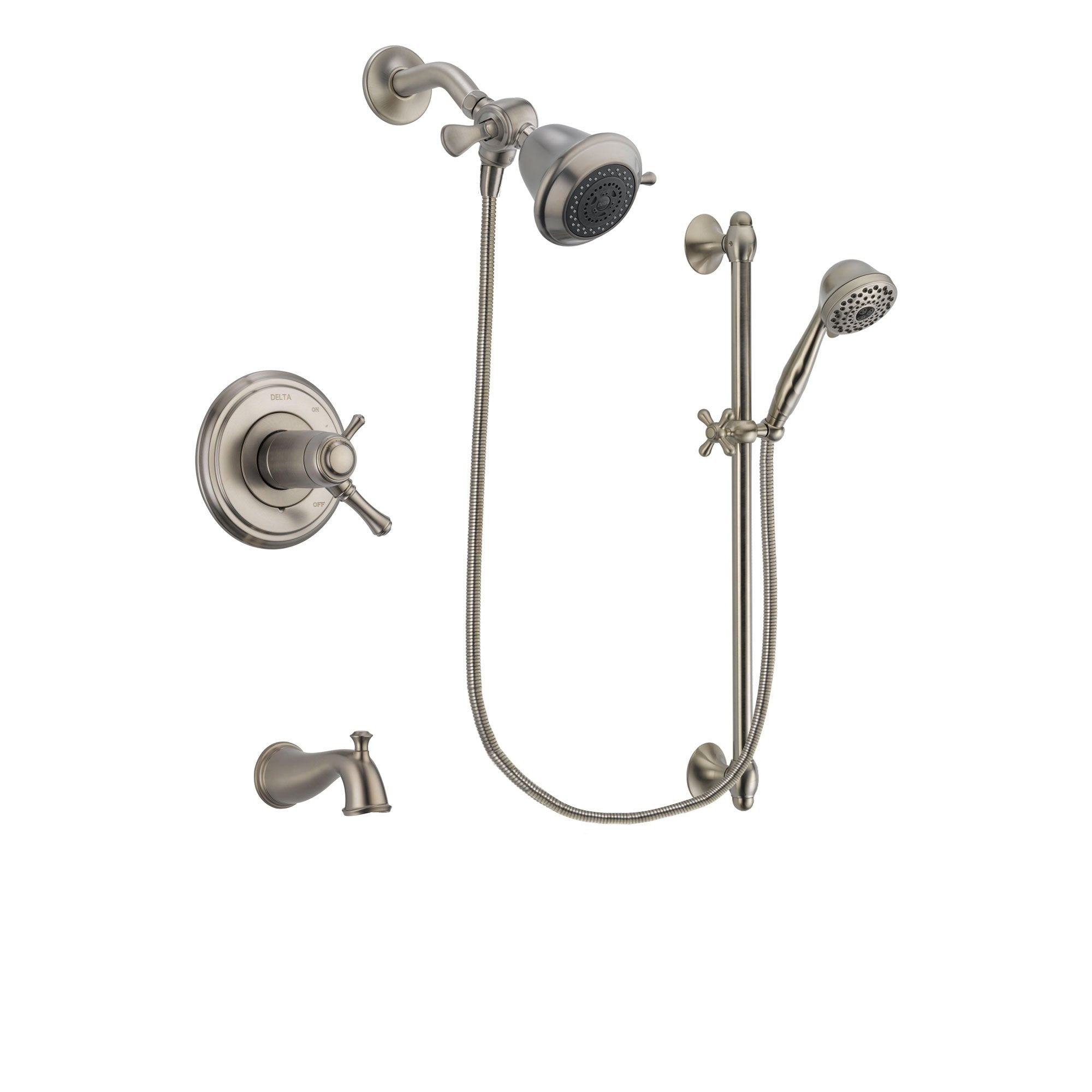 Delta Cassidy Stainless Steel Finish Thermostatic Tub and Shower Faucet System Package with Shower Head and 7-Spray Handheld Shower with Slide Bar Includes Rough-in Valve and Tub Spout DSP1657V