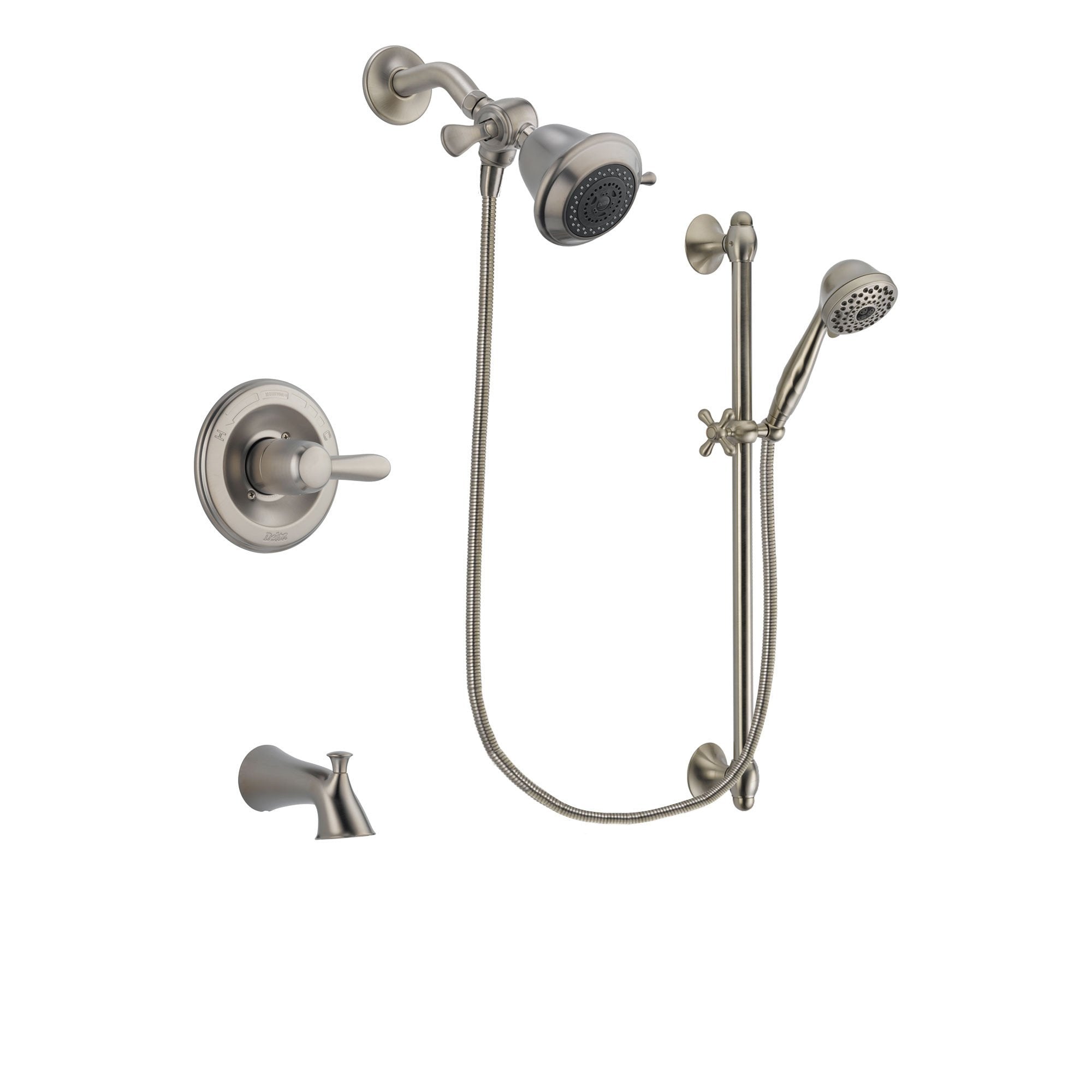 Delta Lahara Stainless Steel Finish Tub and Shower Faucet System Package with Shower Head and 7-Spray Handheld Shower with Slide Bar Includes Rough-in Valve and Tub Spout DSP1659V