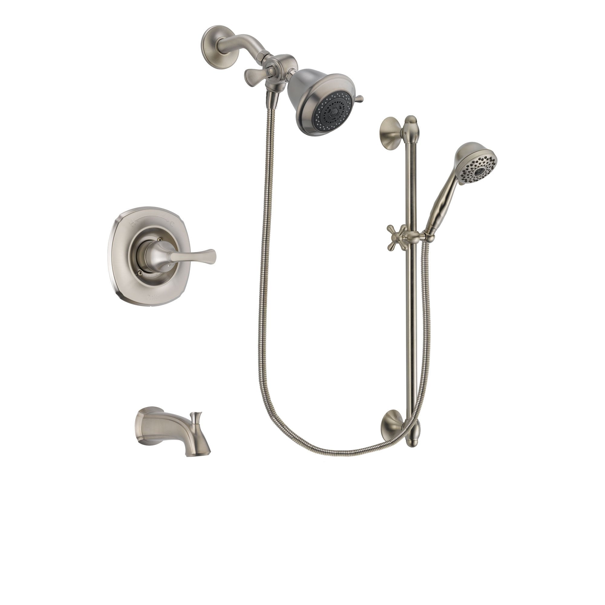 Delta Addison Stainless Steel Finish Tub and Shower Faucet System Package with Shower Head and 7-Spray Handheld Shower with Slide Bar Includes Rough-in Valve and Tub Spout DSP1665V