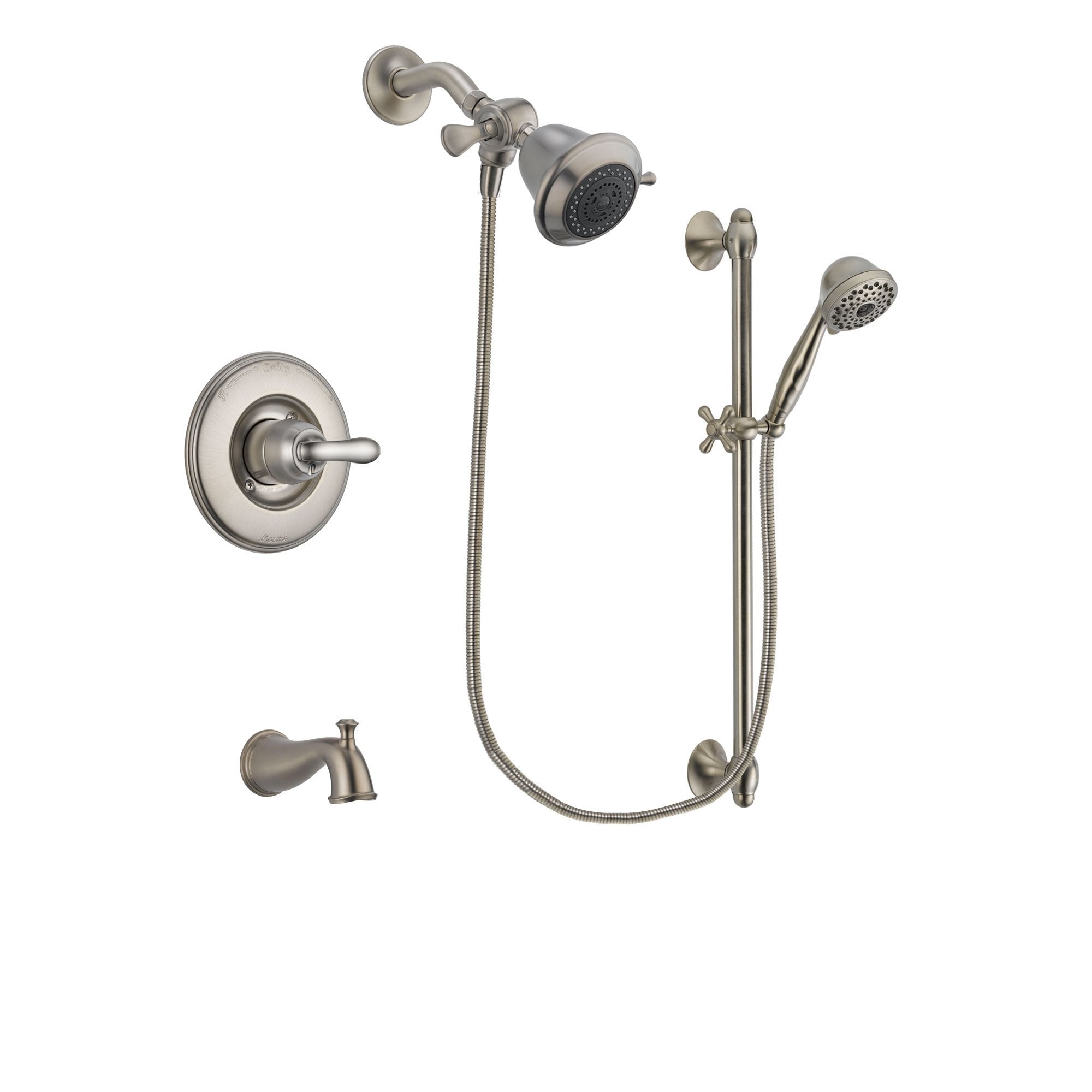 Delta Linden Stainless Steel Finish Tub and Shower Faucet System Package with Shower Head and 7-Spray Handheld Shower with Slide Bar Includes Rough-in Valve and Tub Spout DSP1667V