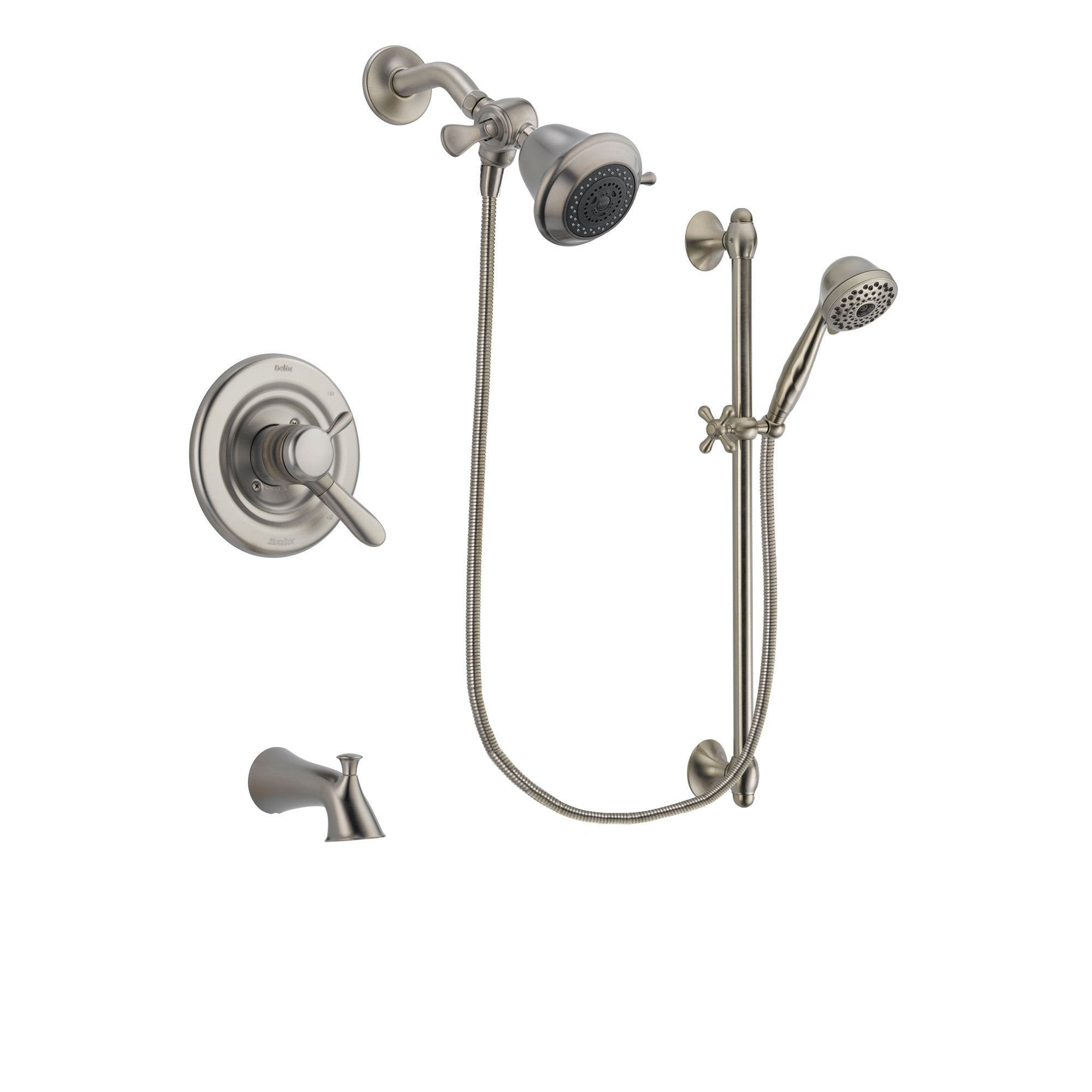 Delta Lahara Stainless Steel Finish Dual Control Tub and Shower Faucet System Package with Shower Head and 7-Spray Handheld Shower with Slide Bar Includes Rough-in Valve and Tub Spout DSP1669V