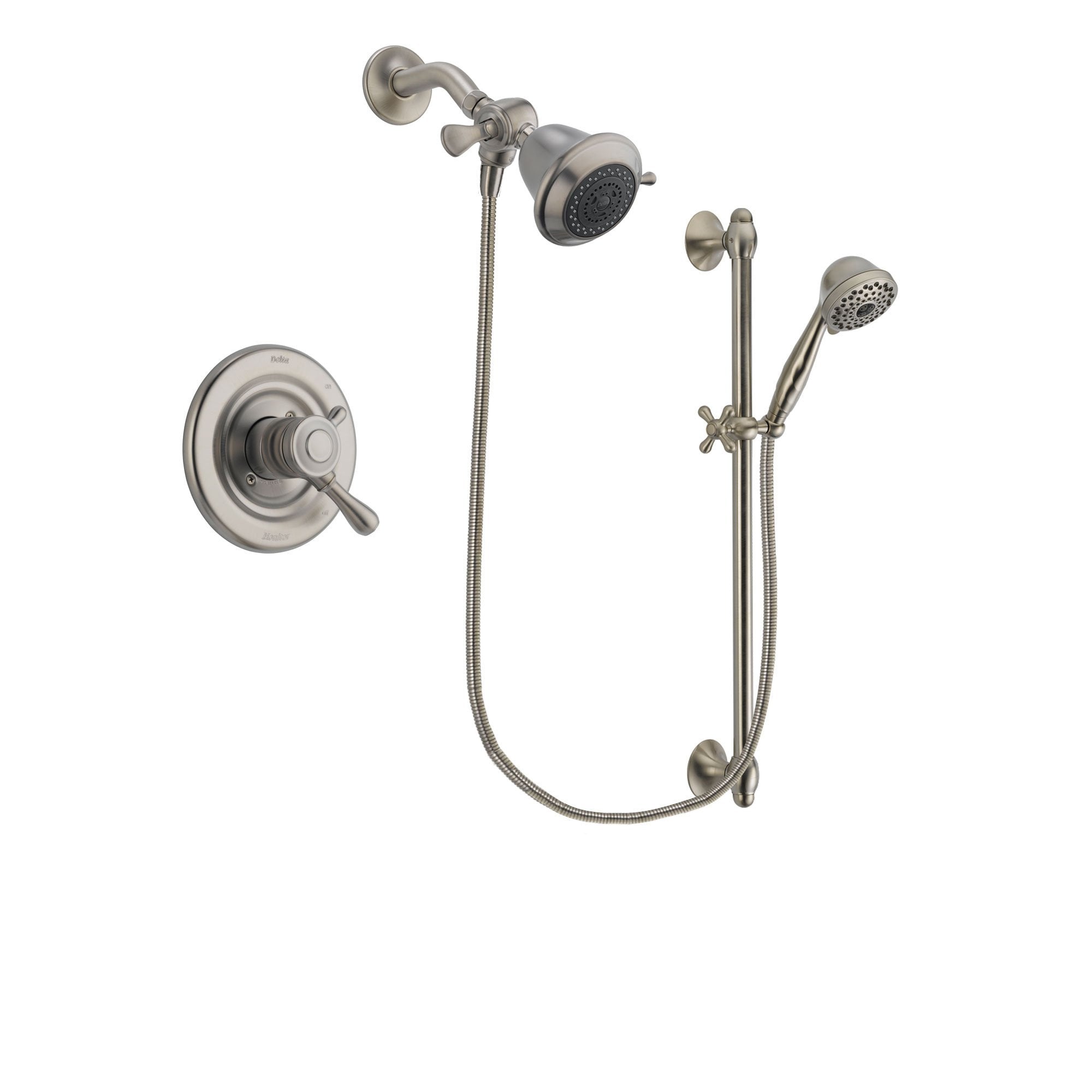 Delta Leland Stainless Steel Finish Dual Control Shower Faucet System Package with Shower Head and 7-Spray Handheld Shower with Slide Bar Includes Rough-in Valve DSP1676V
