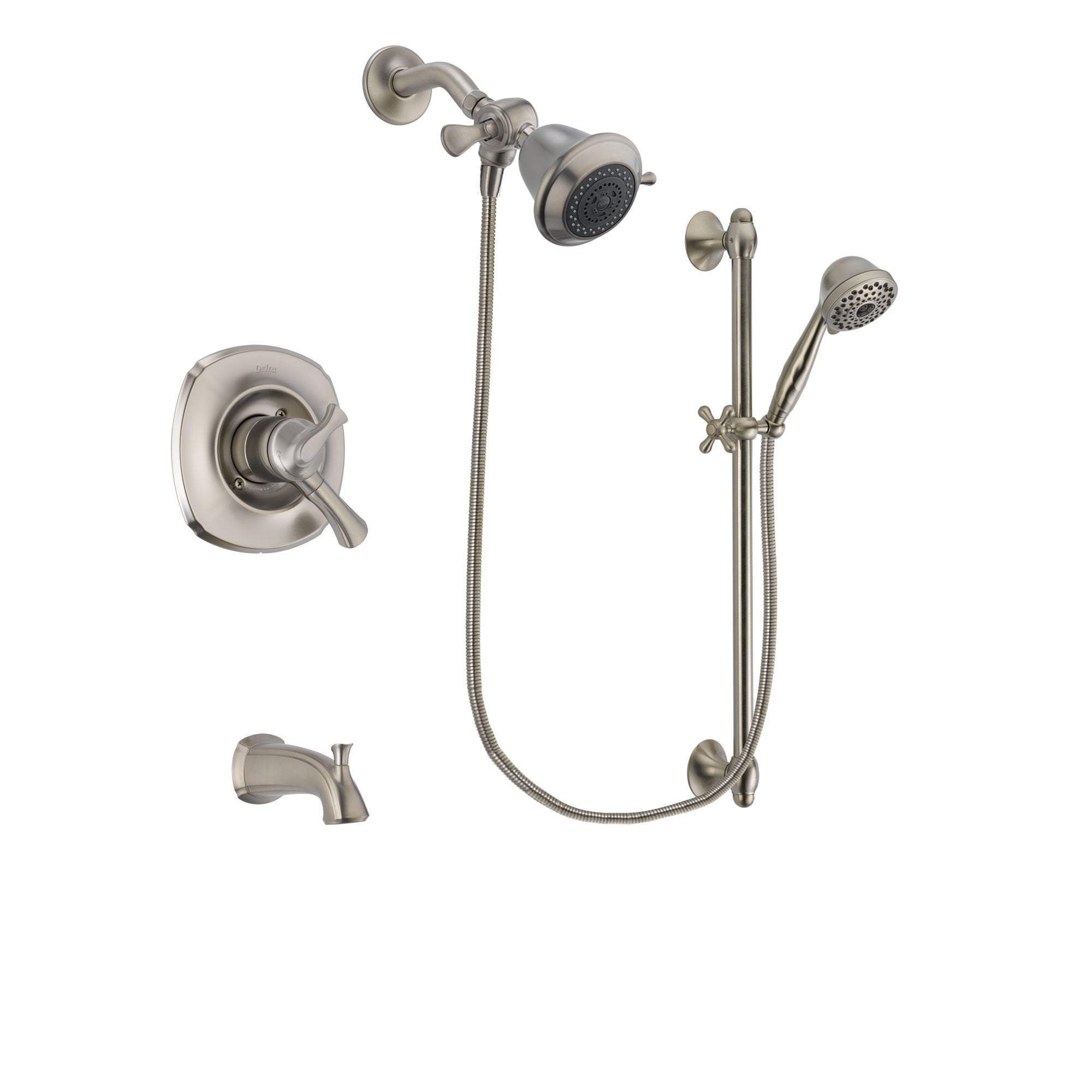 Delta Addison Stainless Steel Finish Dual Control Tub and Shower Faucet System Package with Shower Head and 7-Spray Handheld Shower with Slide Bar Includes Rough-in Valve and Tub Spout DSP1677V
