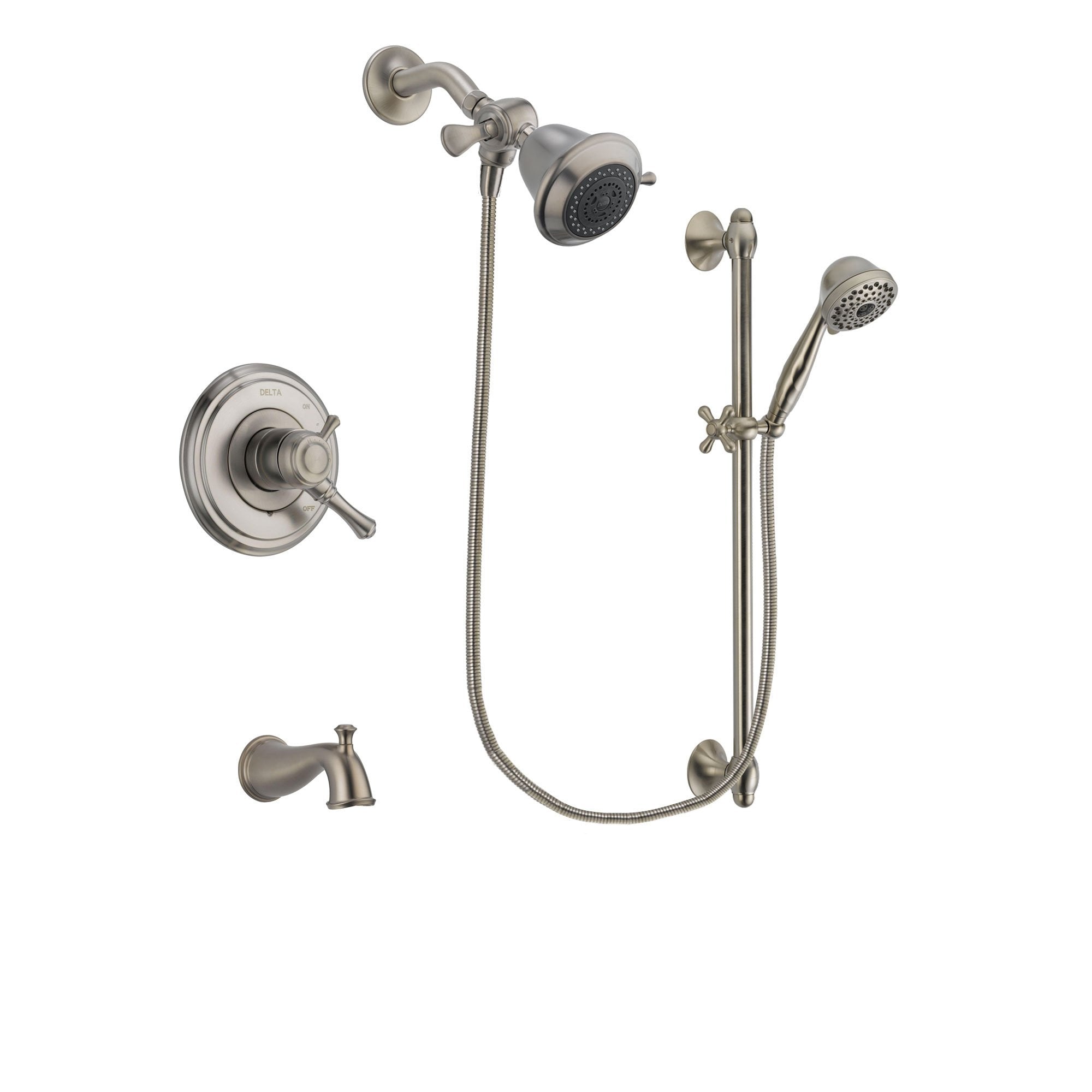 Delta Cassidy Stainless Steel Finish Dual Control Tub and Shower Faucet System Package with Shower Head and 7-Spray Handheld Shower with Slide Bar Includes Rough-in Valve and Tub Spout DSP1681V