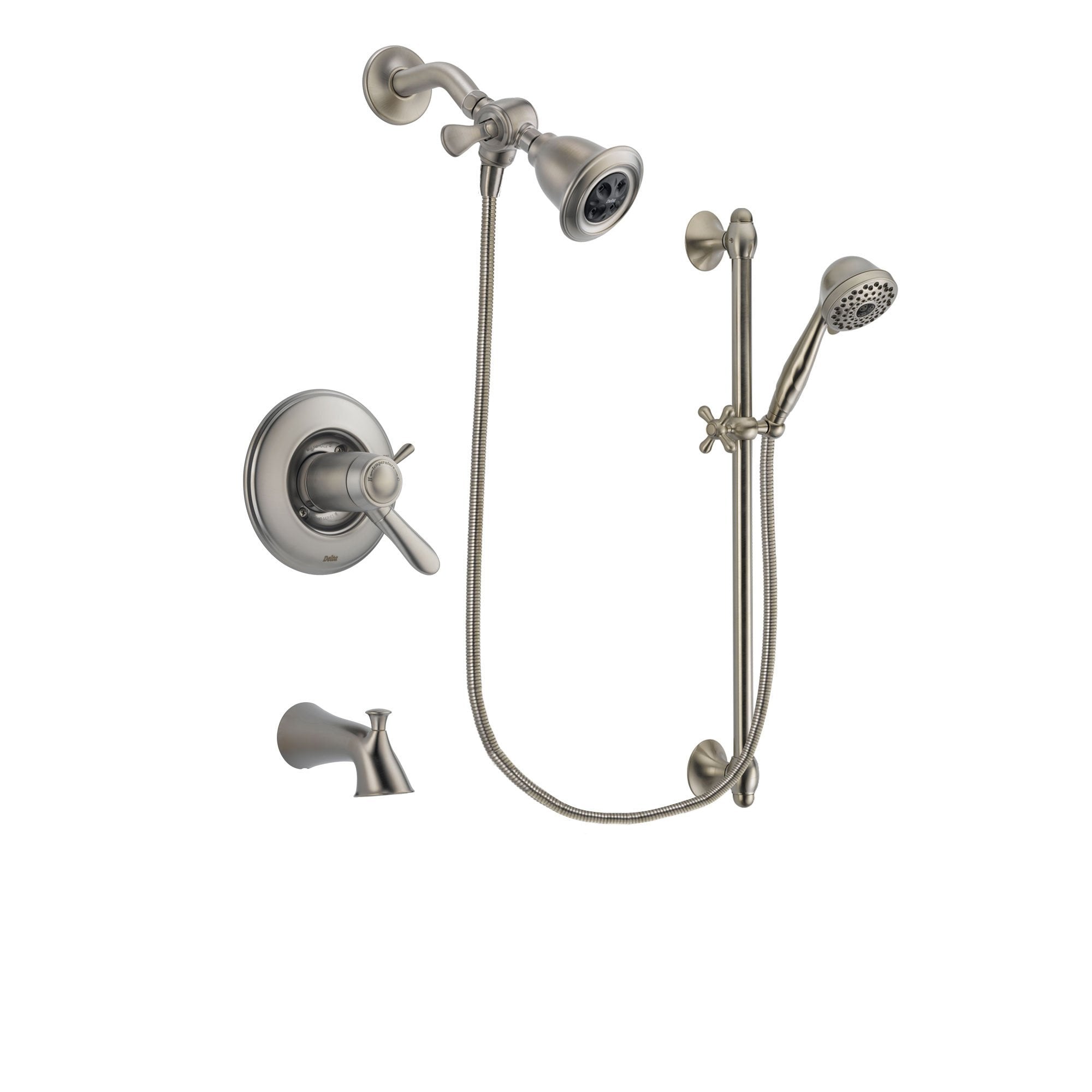 Delta Lahara Stainless Steel Finish Thermostatic Tub and Shower Faucet System Package with Water Efficient Showerhead and 7-Spray Handheld Shower with Slide Bar Includes Rough-in Valve and Tub Spout DSP1683V