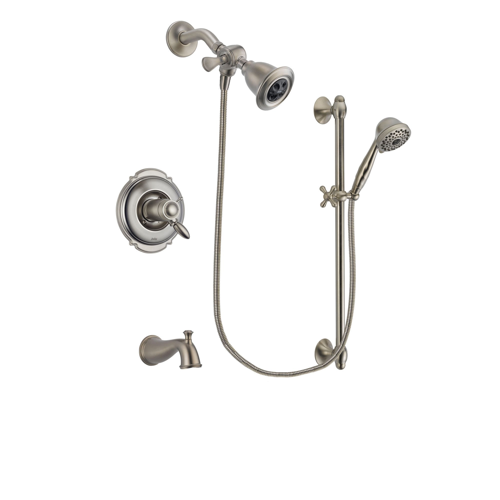 Delta Victorian Stainless Steel Finish Thermostatic Tub and Shower Faucet System Package with Water Efficient Showerhead and 7-Spray Handheld Shower with Slide Bar Includes Rough-in Valve and Tub Spout DSP1685V