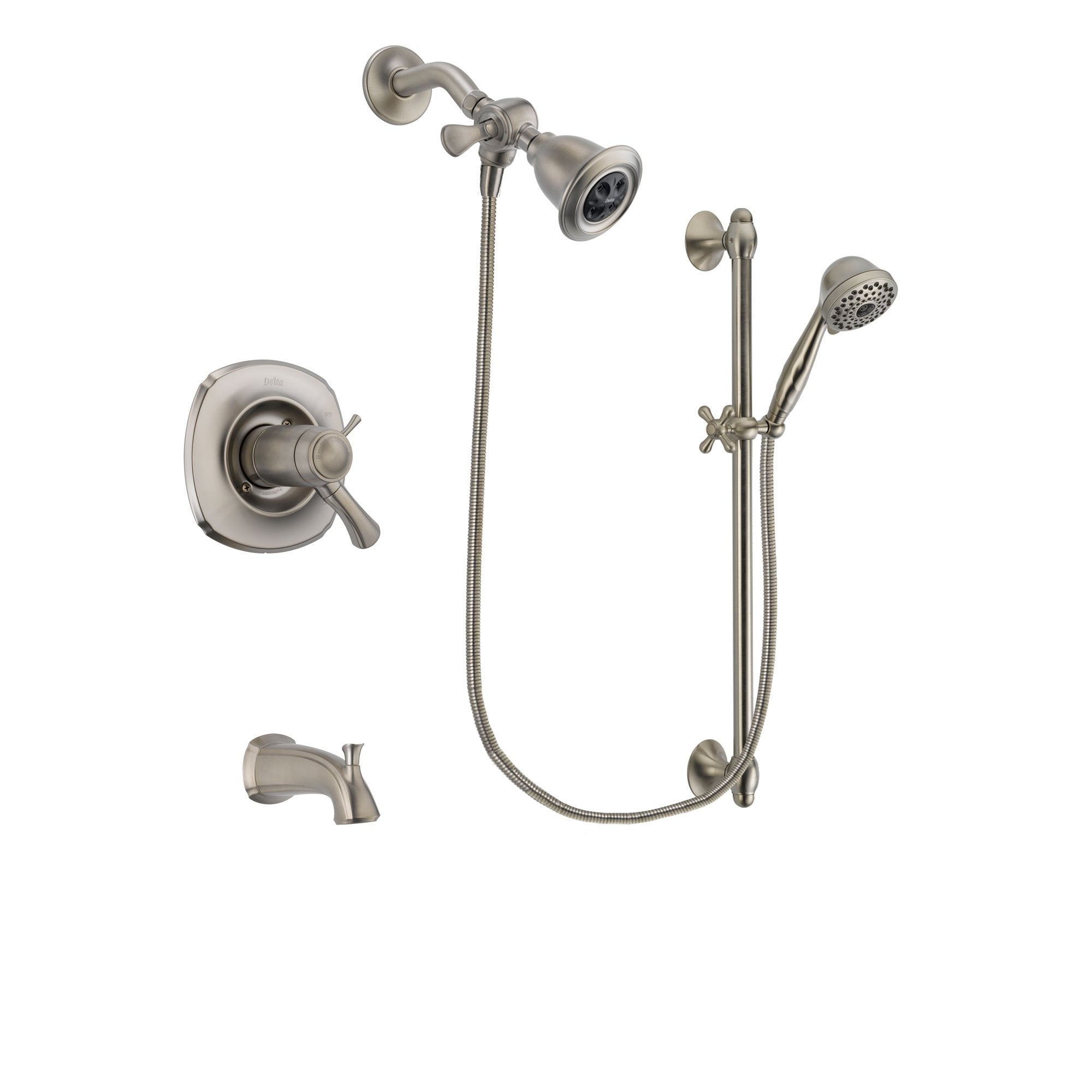 Delta Addison Stainless Steel Finish Thermostatic Tub and Shower Faucet System Package with Water Efficient Showerhead and 7-Spray Handheld Shower with Slide Bar Includes Rough-in Valve and Tub Spout DSP1689V
