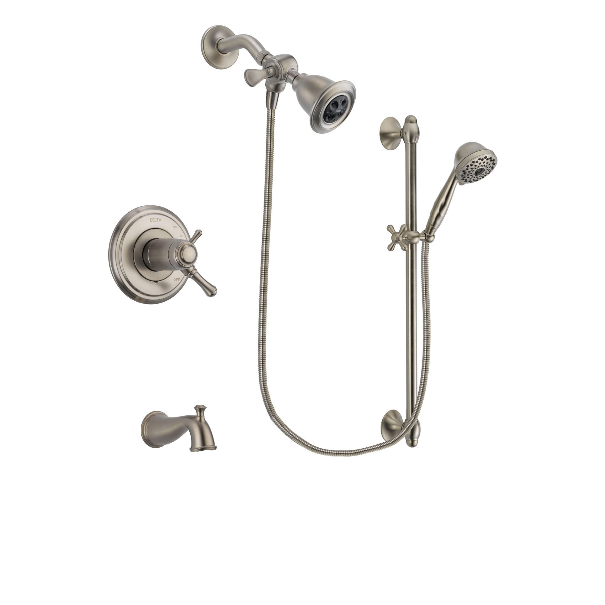 Delta Cassidy Stainless Steel Finish Thermostatic Tub and Shower Faucet System Package with Water Efficient Showerhead and 7-Spray Handheld Shower with Slide Bar Includes Rough-in Valve and Tub Spout DSP1691V