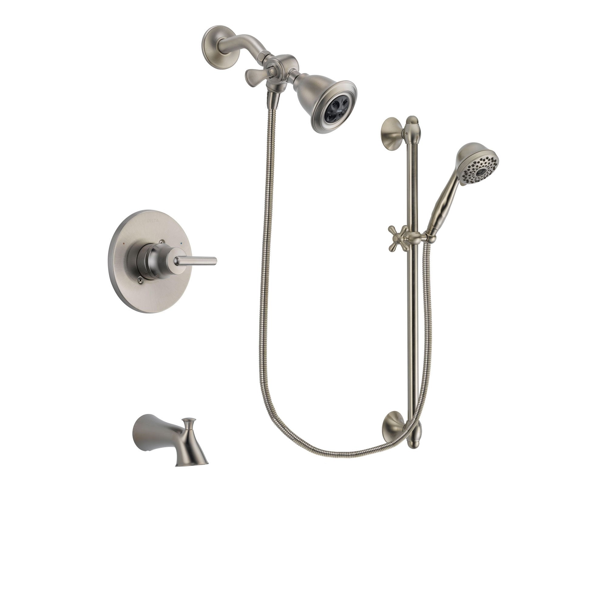 Delta Trinsic Stainless Steel Finish Tub and Shower Faucet System Package with Water Efficient Showerhead and 7-Spray Handheld Shower with Slide Bar Includes Rough-in Valve and Tub Spout DSP1695V