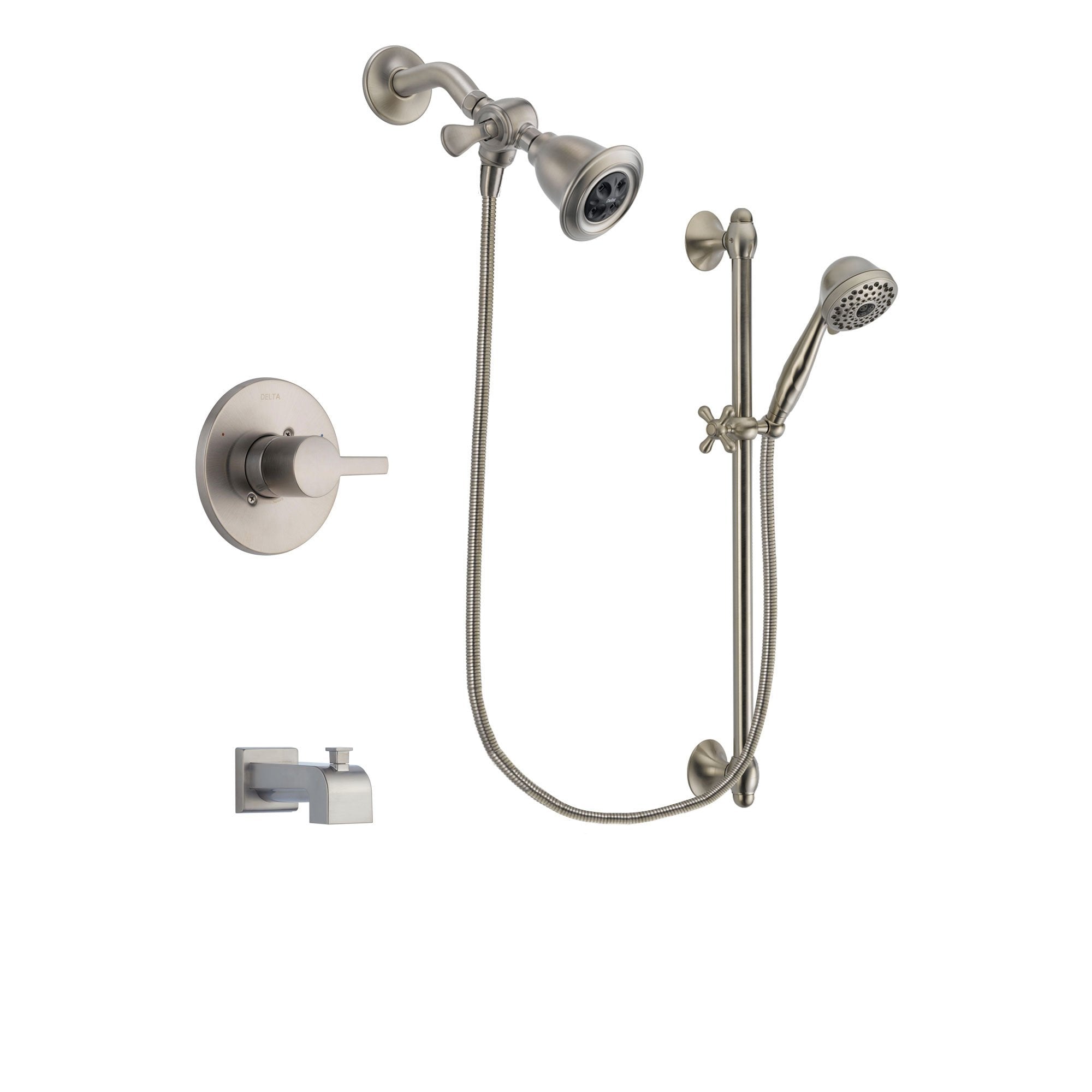 Delta Compel Stainless Steel Finish Tub and Shower Faucet System Package with Water Efficient Showerhead and 7-Spray Handheld Shower with Slide Bar Includes Rough-in Valve and Tub Spout DSP1697V