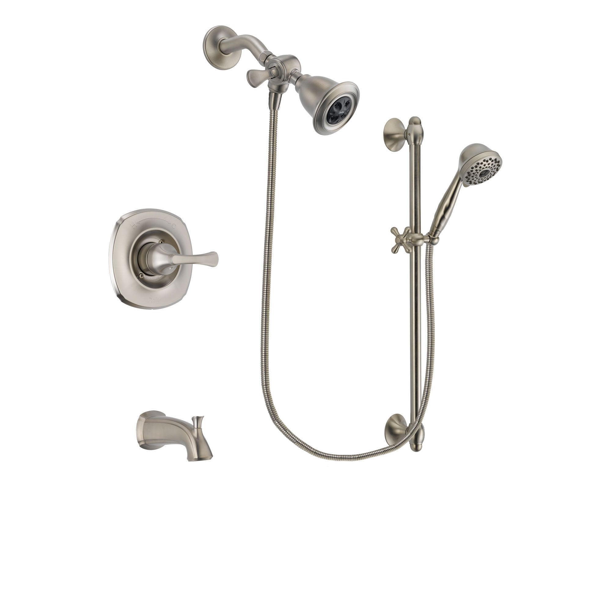 Delta Addison Stainless Steel Finish Tub and Shower Faucet System Package with Water Efficient Showerhead and 7-Spray Handheld Shower with Slide Bar Includes Rough-in Valve and Tub Spout DSP1699V