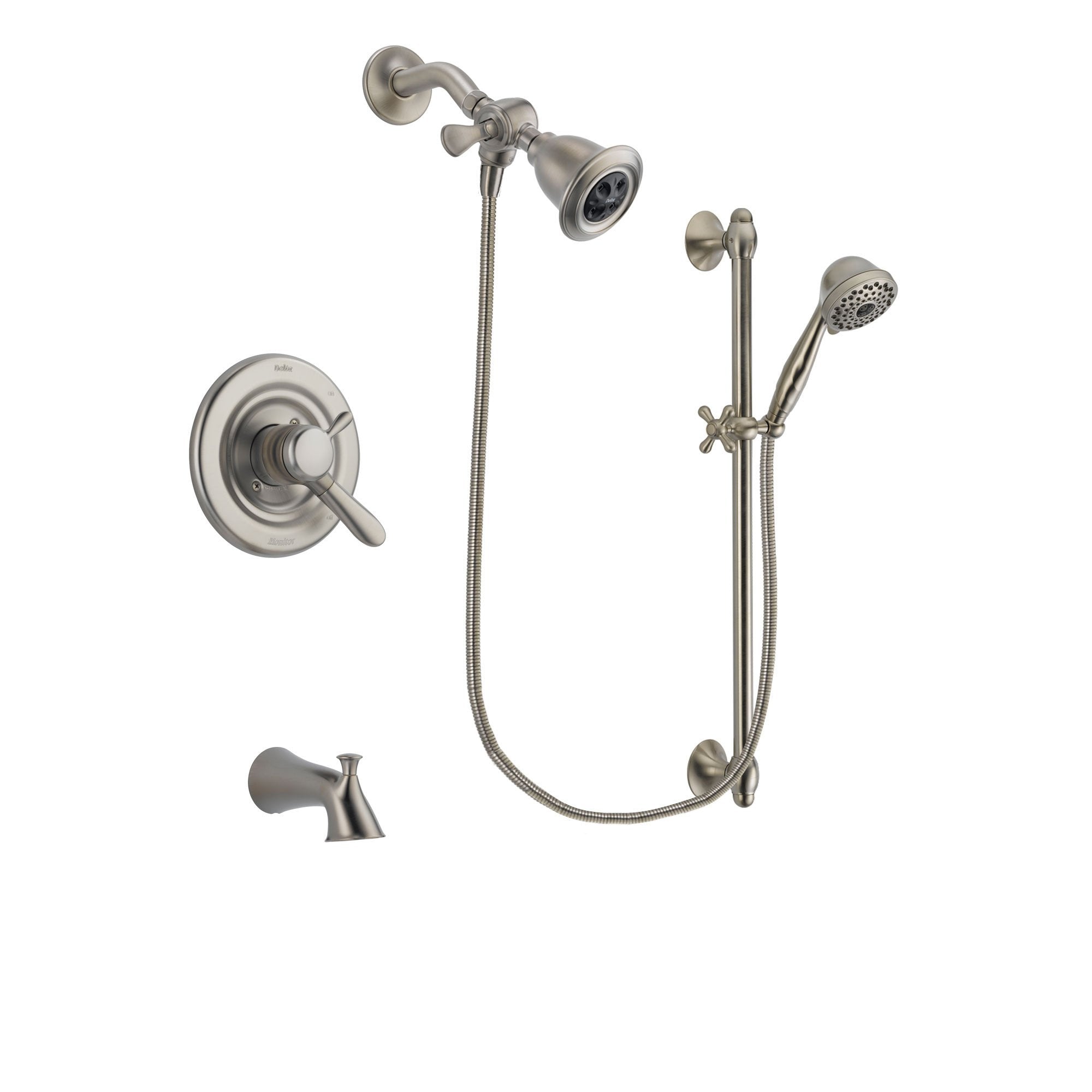 Delta Lahara Stainless Steel Finish Dual Control Tub and Shower Faucet System Package with Water Efficient Showerhead and 7-Spray Handheld Shower with Slide Bar Includes Rough-in Valve and Tub Spout DSP1703V