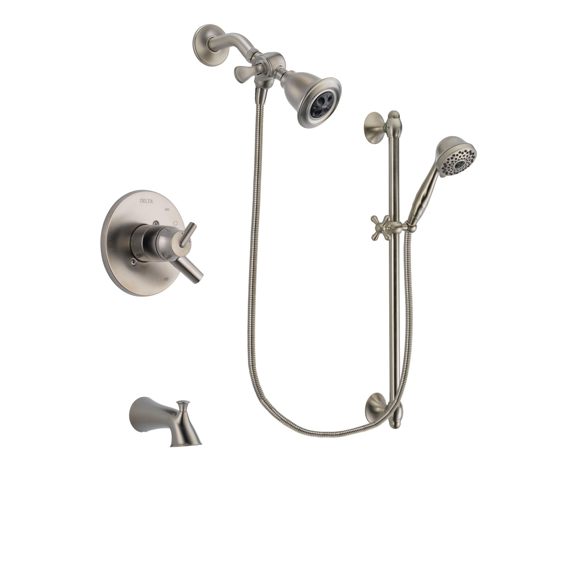 Delta Trinsic Stainless Steel Finish Dual Control Tub and Shower Faucet System Package with Water Efficient Showerhead and 7-Spray Handheld Shower with Slide Bar Includes Rough-in Valve and Tub Spout DSP1705V