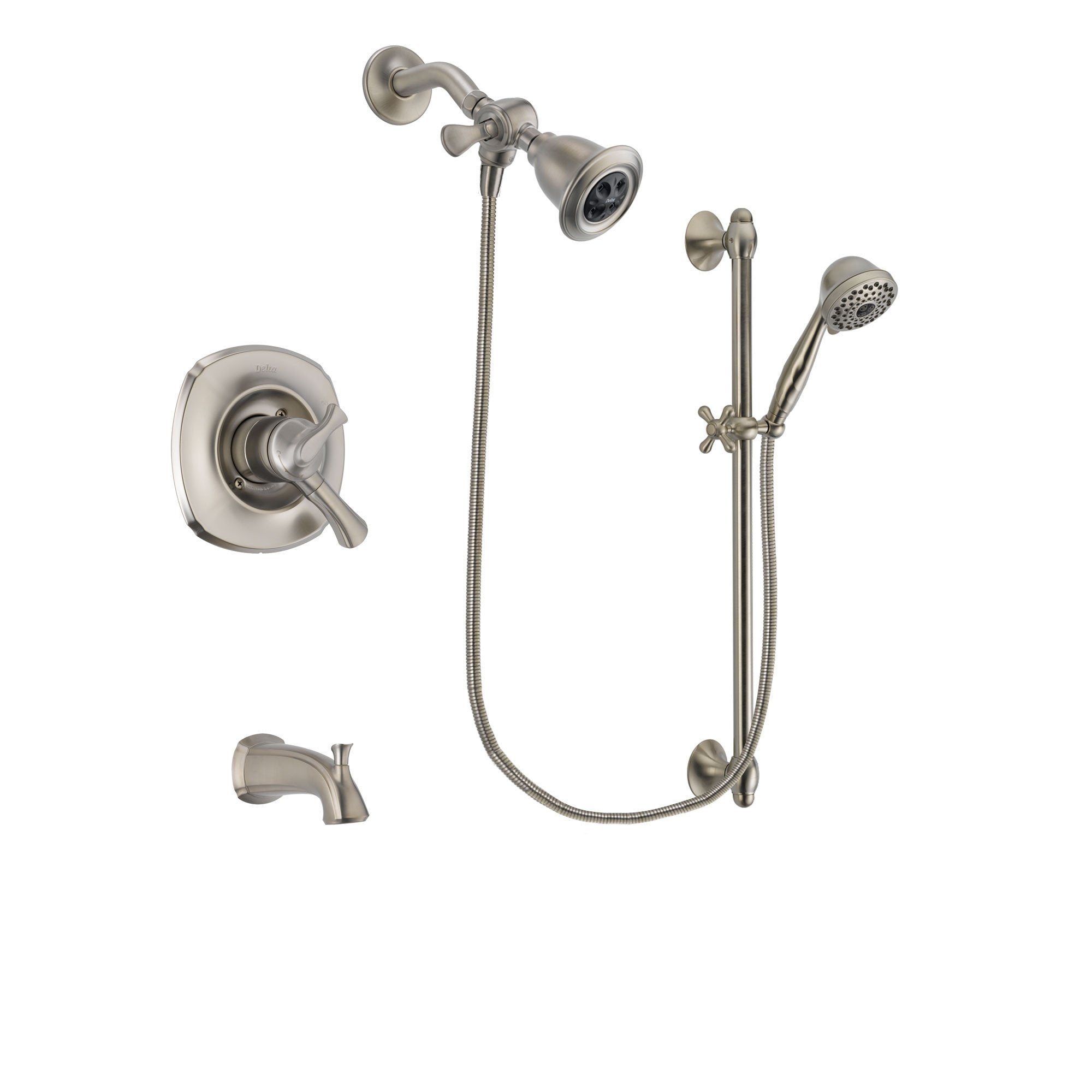 Delta Addison Stainless Steel Finish Dual Control Tub and Shower Faucet System Package with Water Efficient Showerhead and 7-Spray Handheld Shower with Slide Bar Includes Rough-in Valve and Tub Spout DSP1711V