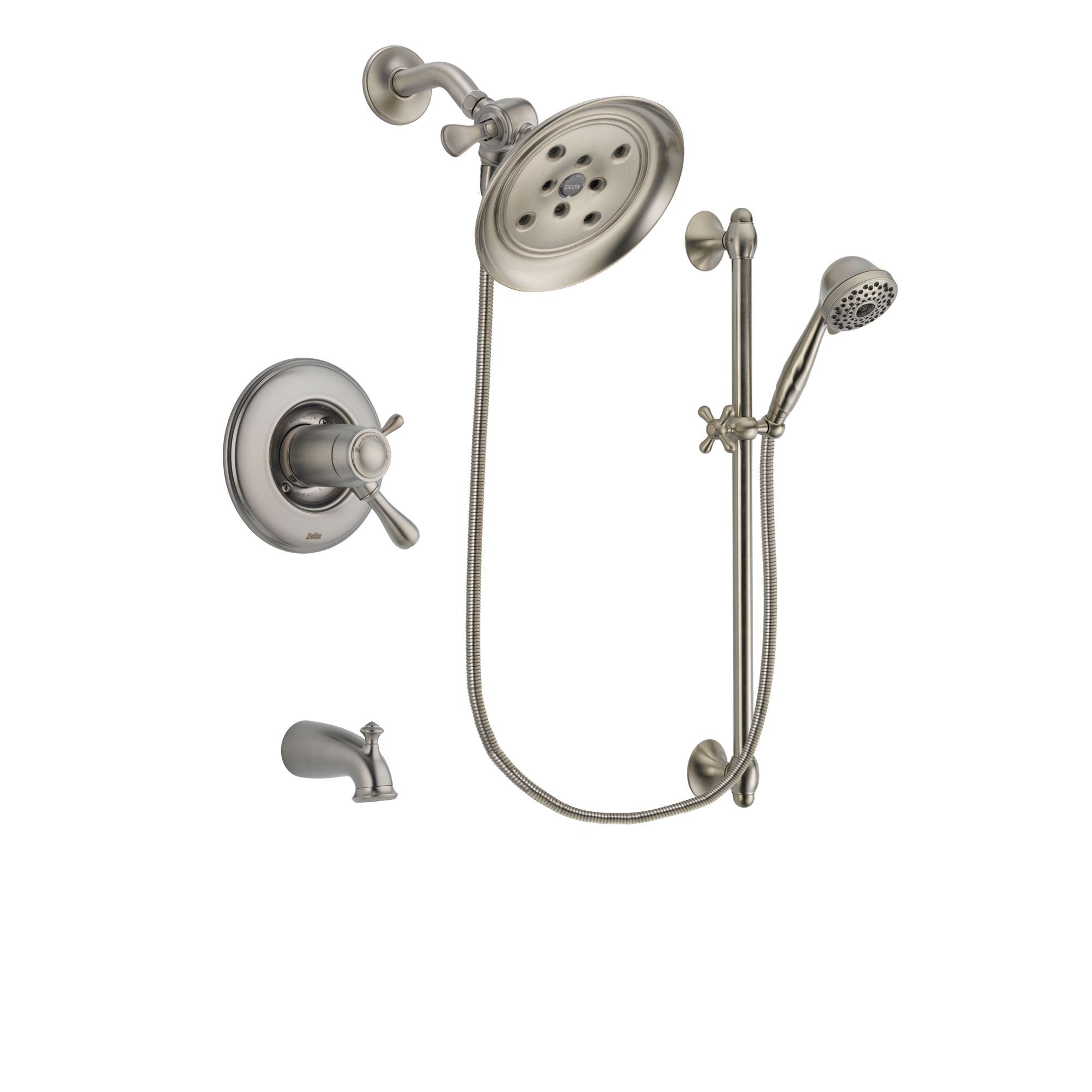 Delta Leland Stainless Steel Finish Thermostatic Tub and Shower Faucet System Package with Large Rain Showerhead and 7-Spray Handheld Shower with Slide Bar Includes Rough-in Valve and Tub Spout DSP1721V