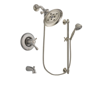 Delta Leland Stainless Steel Finish Thermostatic Tub and Shower Faucet System Package with Large Rain Showerhead and 7-Spray Handheld Shower with Slide Bar Includes Rough-in Valve and Tub Spout DSP1721V