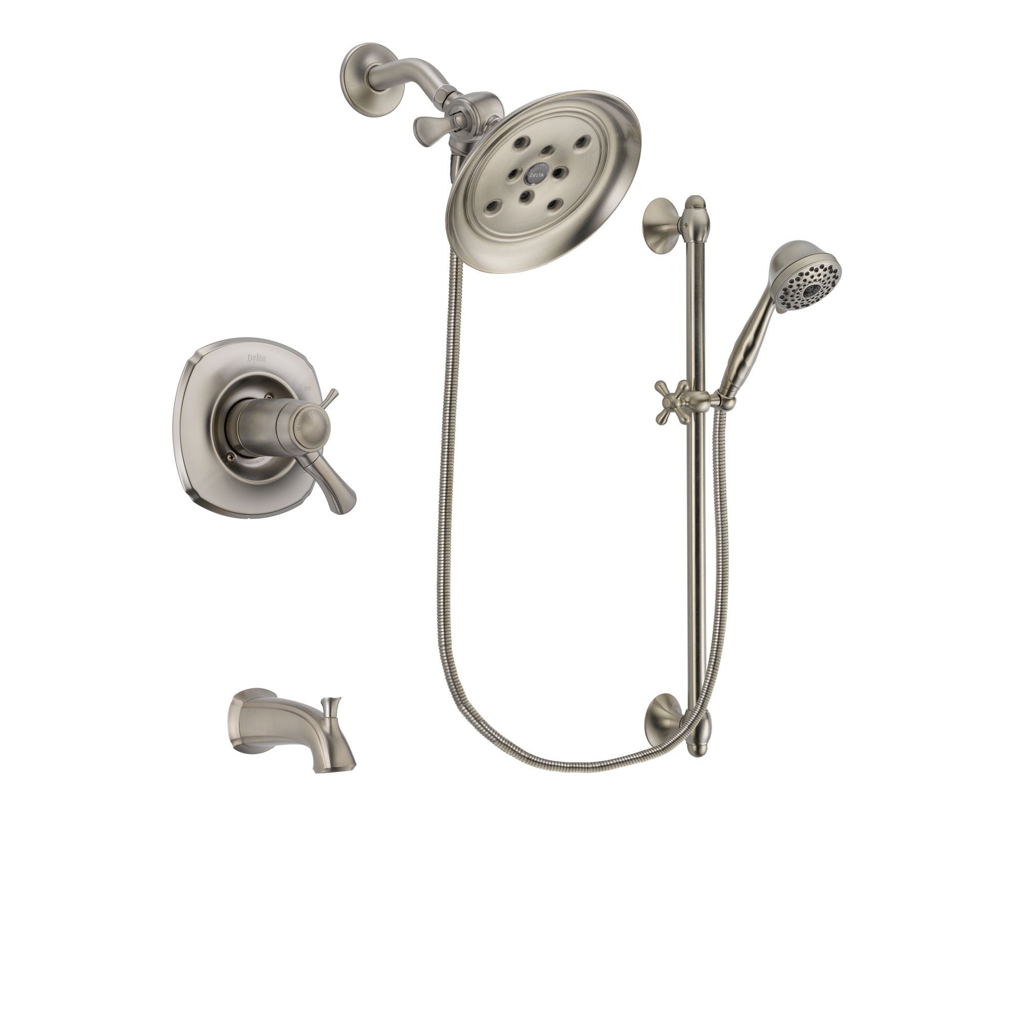Delta Addison Stainless Steel Finish Thermostatic Tub and Shower Faucet System Package with Large Rain Showerhead and 7-Spray Handheld Shower with Slide Bar Includes Rough-in Valve and Tub Spout DSP1723V