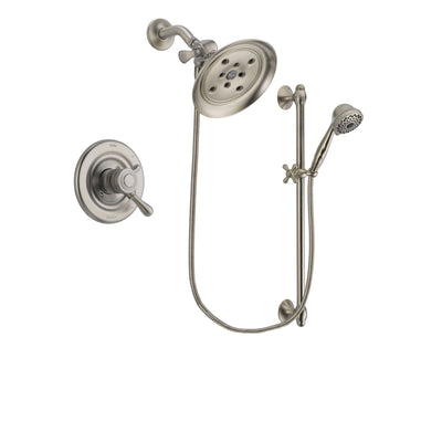 Delta Leland Stainless Steel Finish Dual Control Shower Faucet System Package with Large Rain Showerhead and 7-Spray Handheld Shower with Slide Bar Includes Rough-in Valve DSP1744V