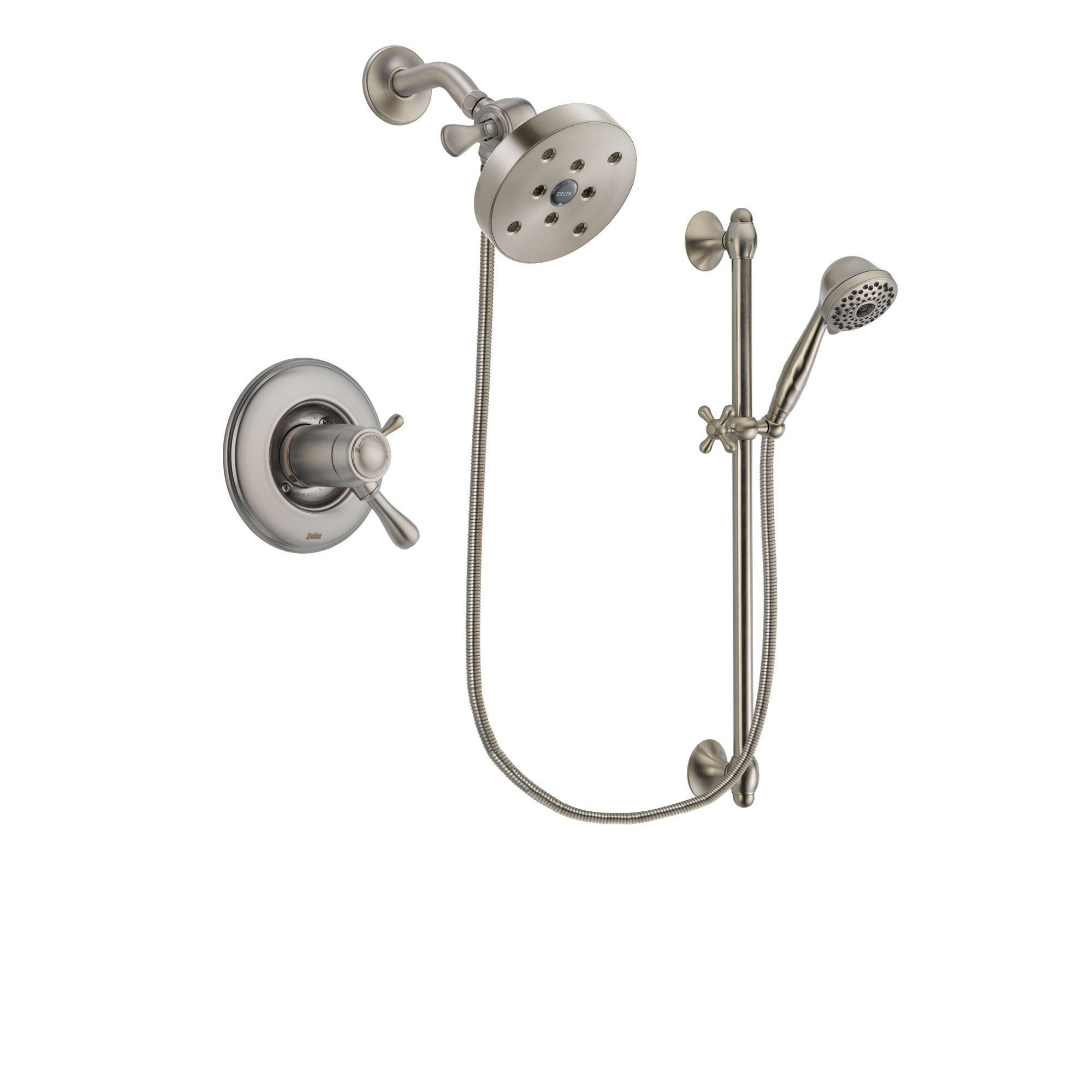 Delta Leland Stainless Steel Finish Thermostatic Shower Faucet System Package with 5-1/2 inch Shower Head and 7-Spray Handheld Shower with Slide Bar Includes Rough-in Valve DSP1756V