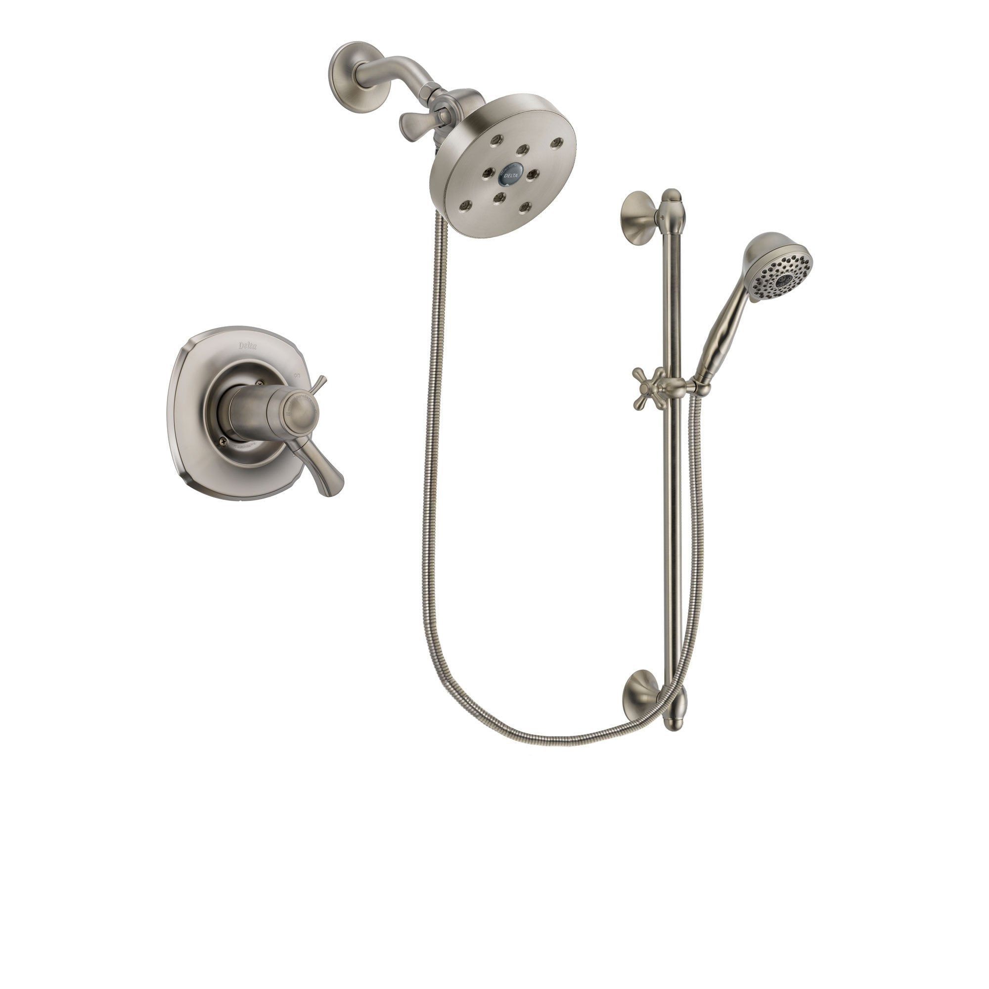 Delta Addison Stainless Steel Finish Thermostatic Shower Faucet System Package with 5-1/2 inch Shower Head and 7-Spray Handheld Shower with Slide Bar Includes Rough-in Valve DSP1758V