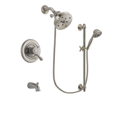 Delta Leland Stainless Steel Finish Dual Control Tub and Shower Faucet System Package with 5-1/2 inch Shower Head and 7-Spray Handheld Shower with Slide Bar Includes Rough-in Valve and Tub Spout DSP1777V
