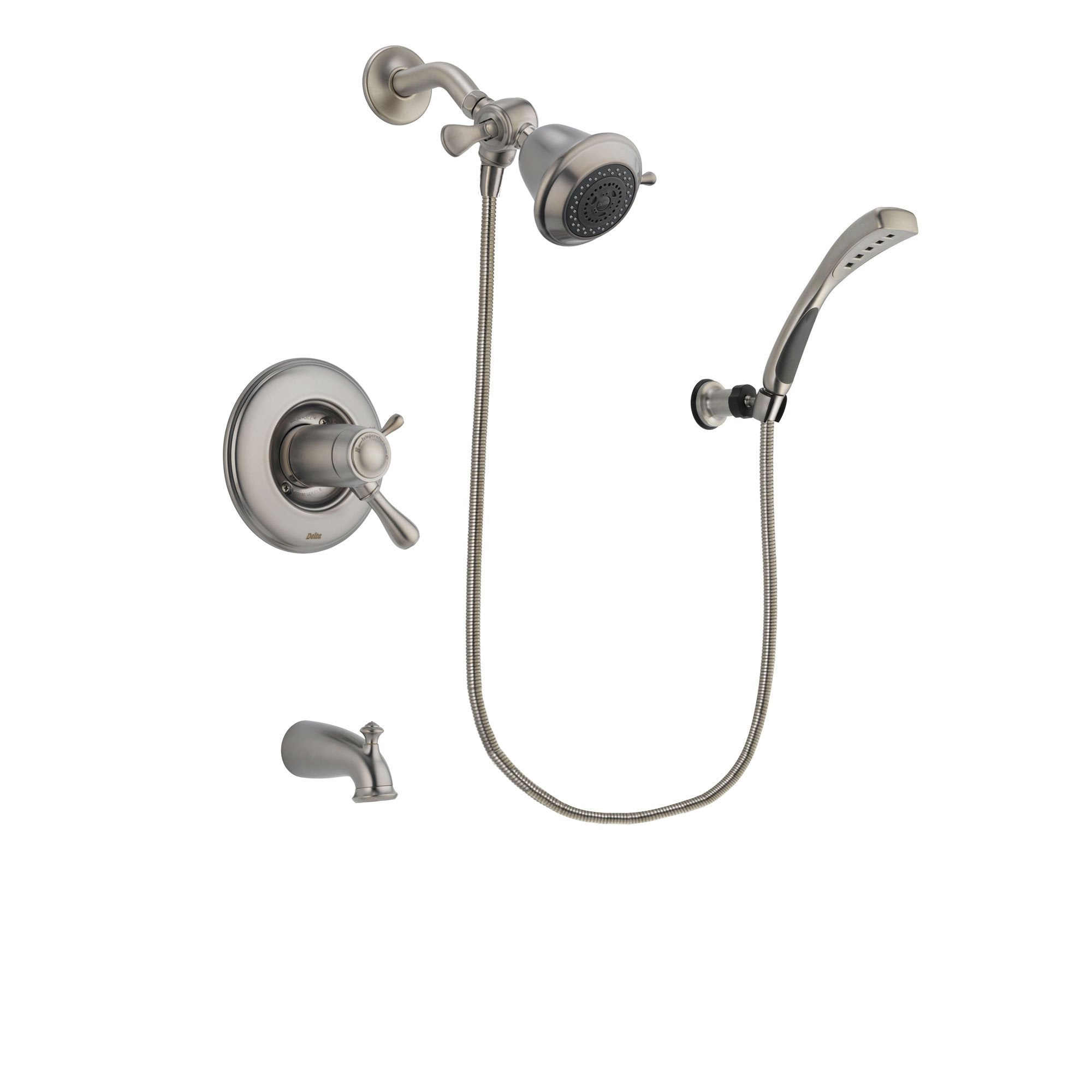 Delta Leland Stainless Steel Finish Thermostatic Tub and Shower Faucet System Package with Shower Head and Wall Mounted Handshower Includes Rough-in Valve and Tub Spout DSP1789V